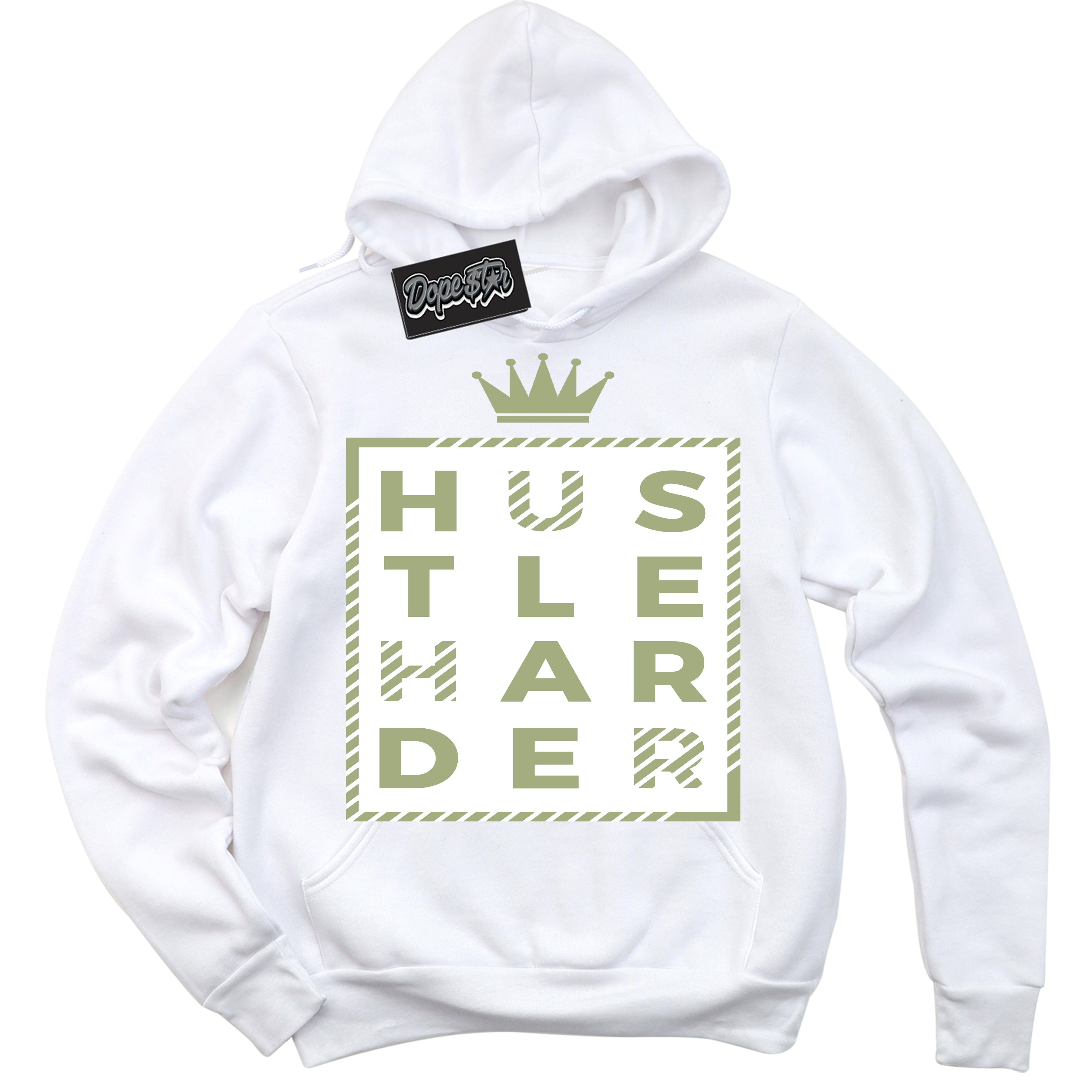 Cool White Hoodie with “ Hustle Harder ”  design that Perfectly Matches Safari Oil Green Dunk.
