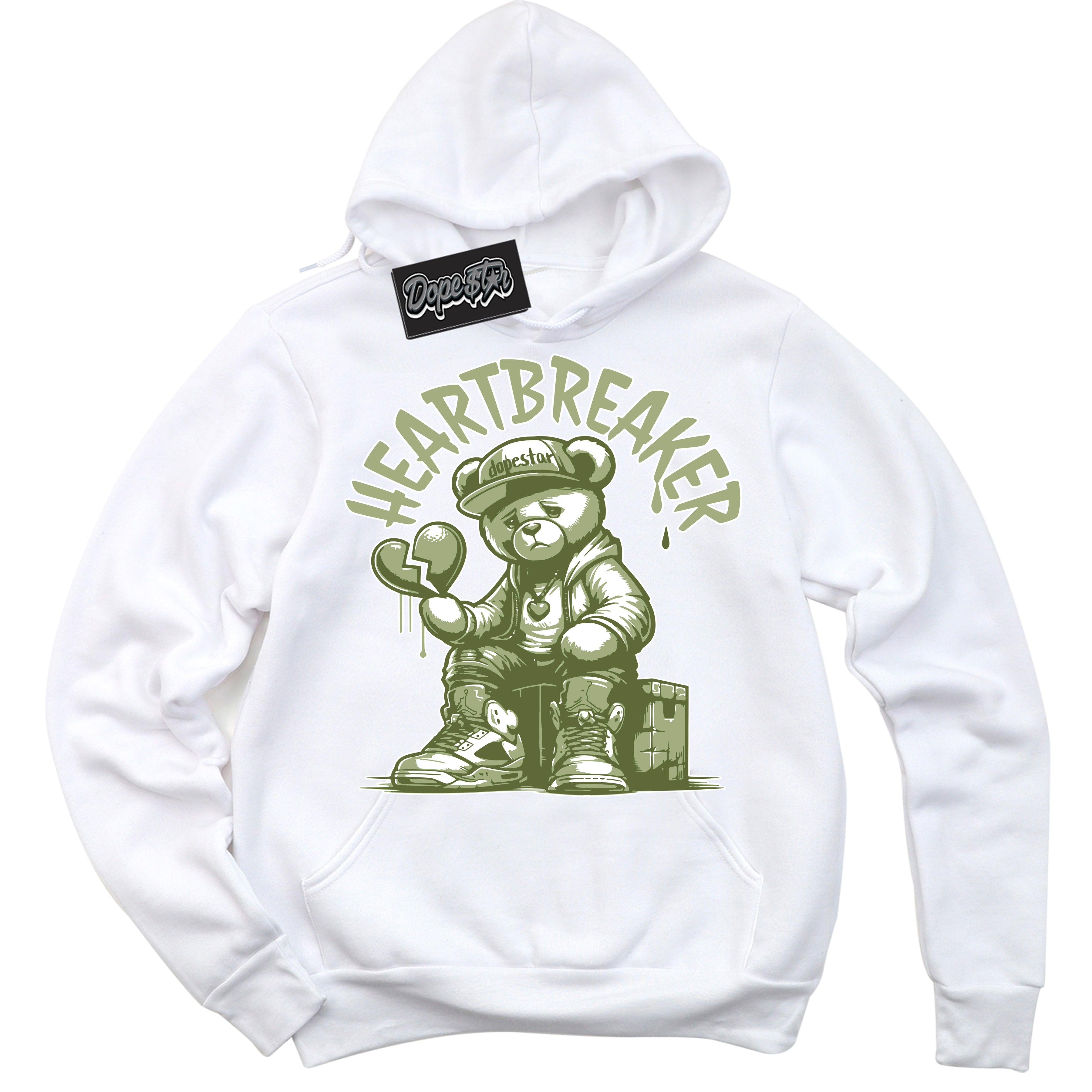 Cool White Hoodie with “ Heartbreaker Bear ”  design that Perfectly Matches Safari Oil Green Dunk.
