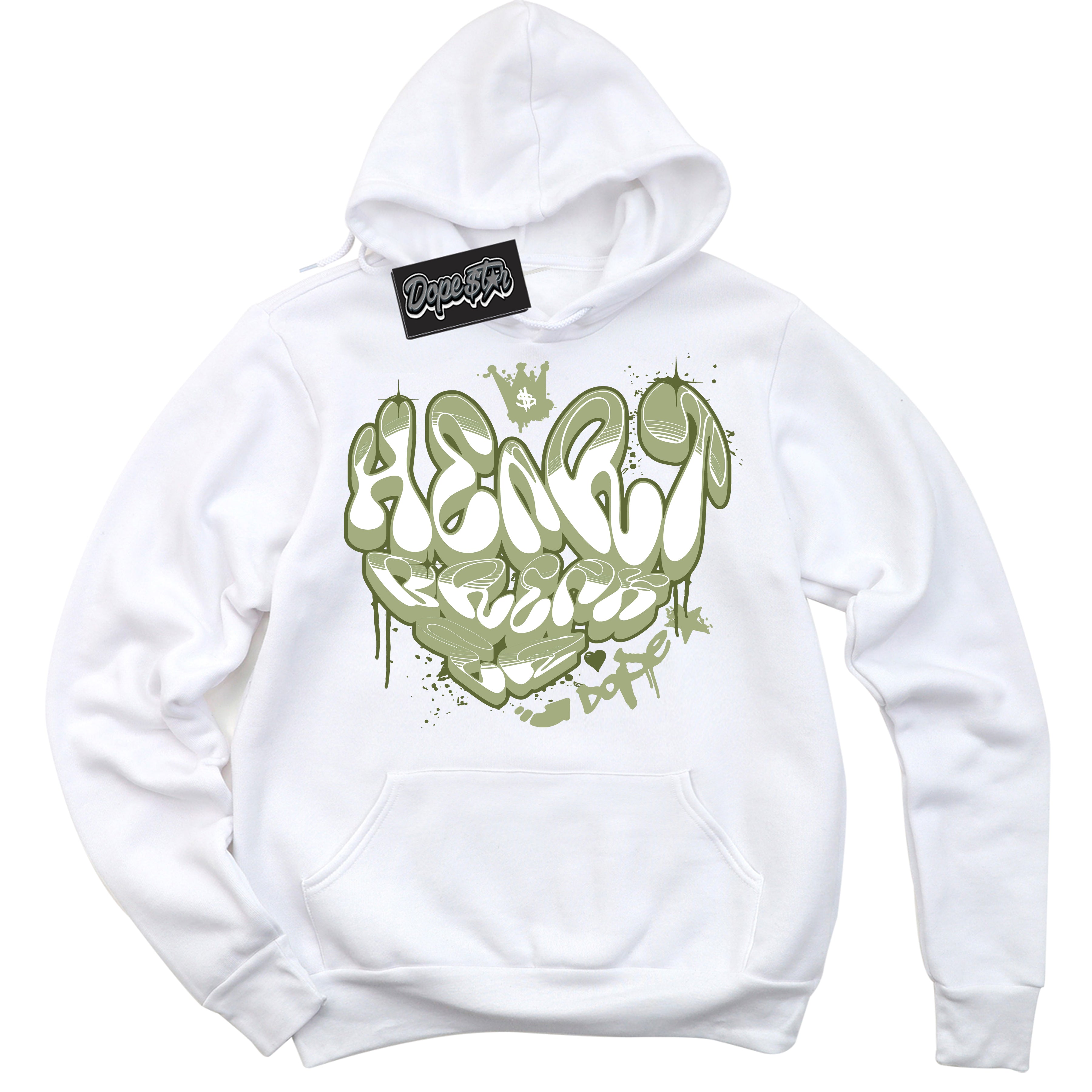 Cool White Hoodie with “ Heartbreaker Graffiti ”  design that Perfectly Matches Safari Oil Green Dunk.
