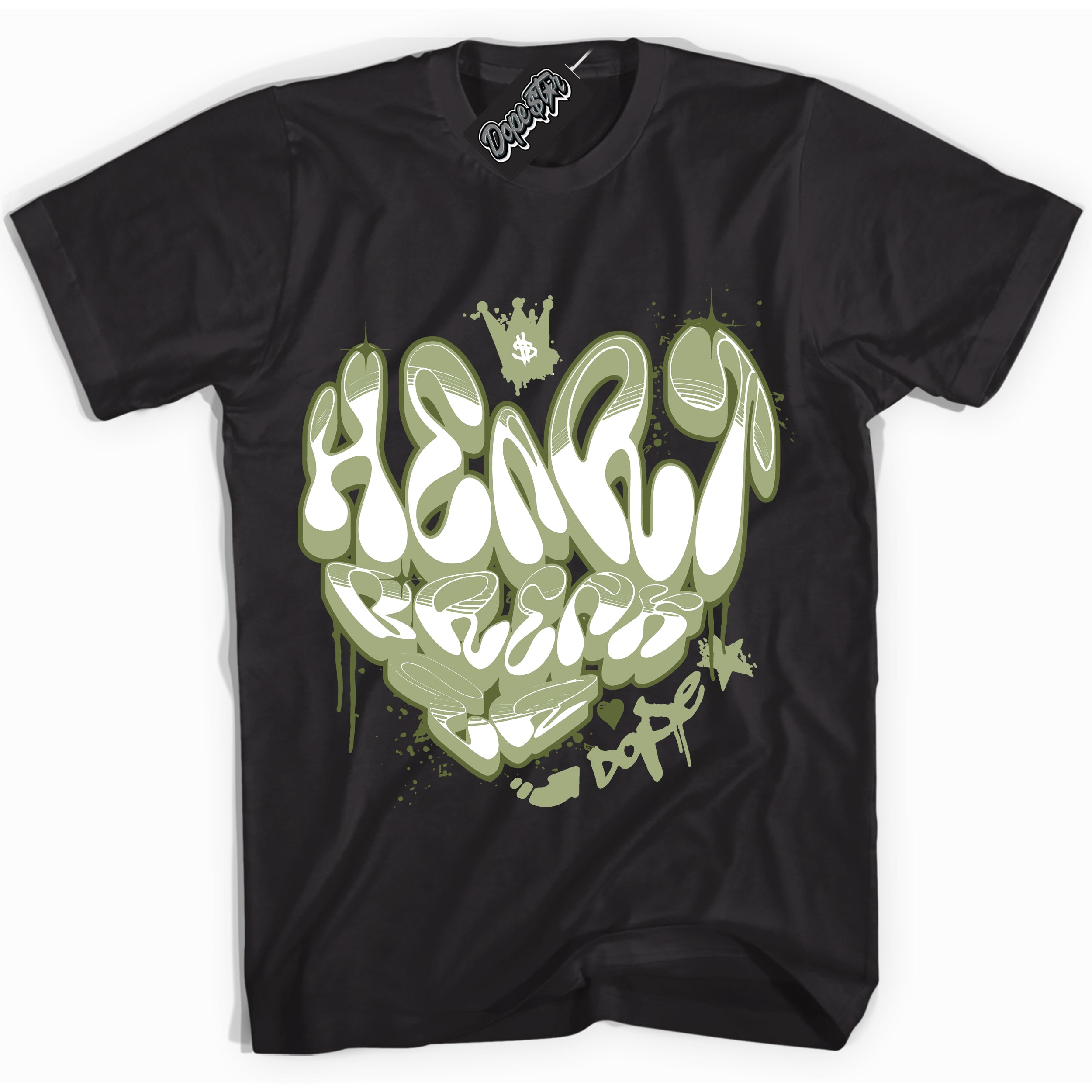 Cool Black Shirt with “ Heartbreaker Graffiti ” design that perfectly matches Safari Oil Green Dunk.
