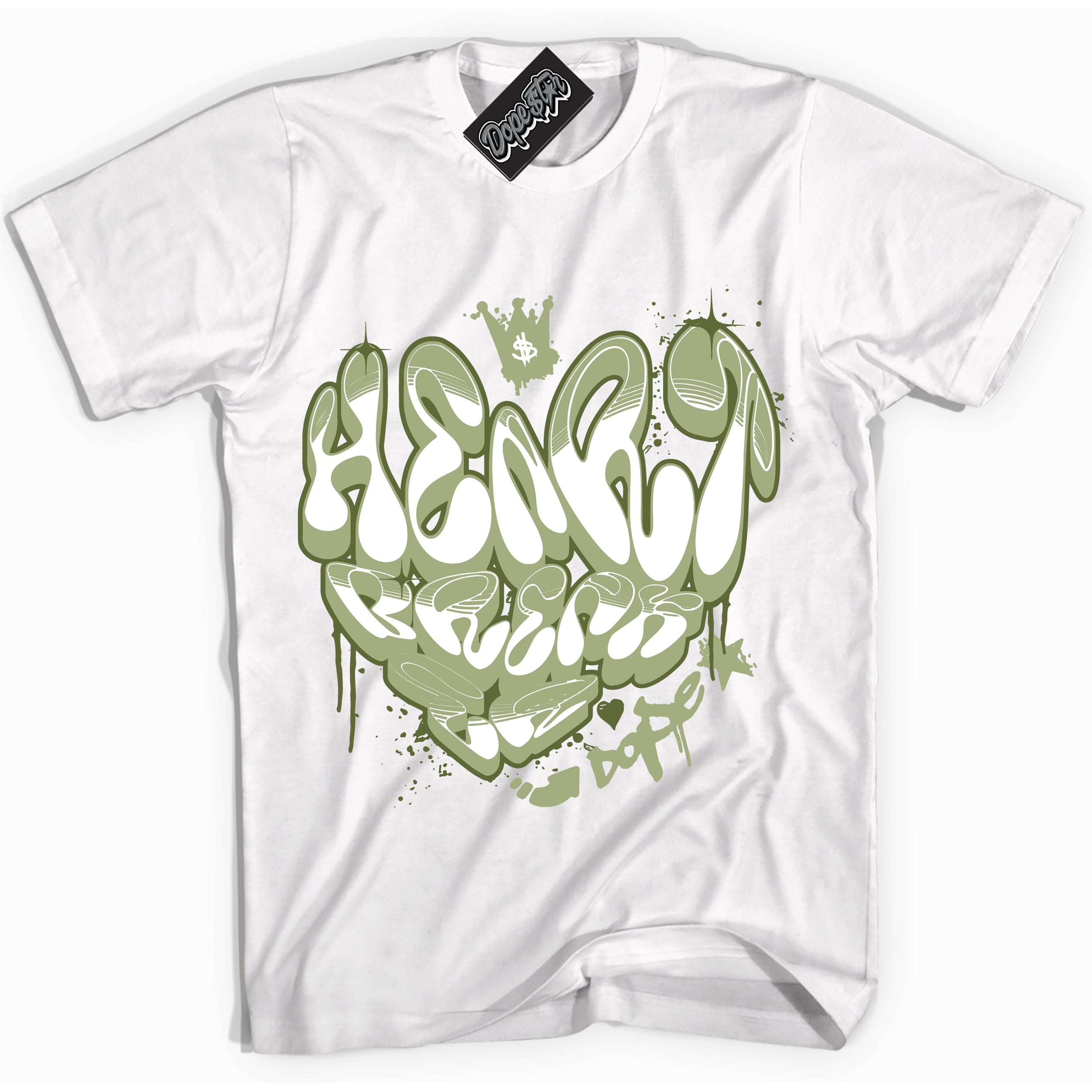 Cool White Shirt with “ Heartbreaker Graffiti ” design that perfectly matches Safari Oil Green Dunk.
