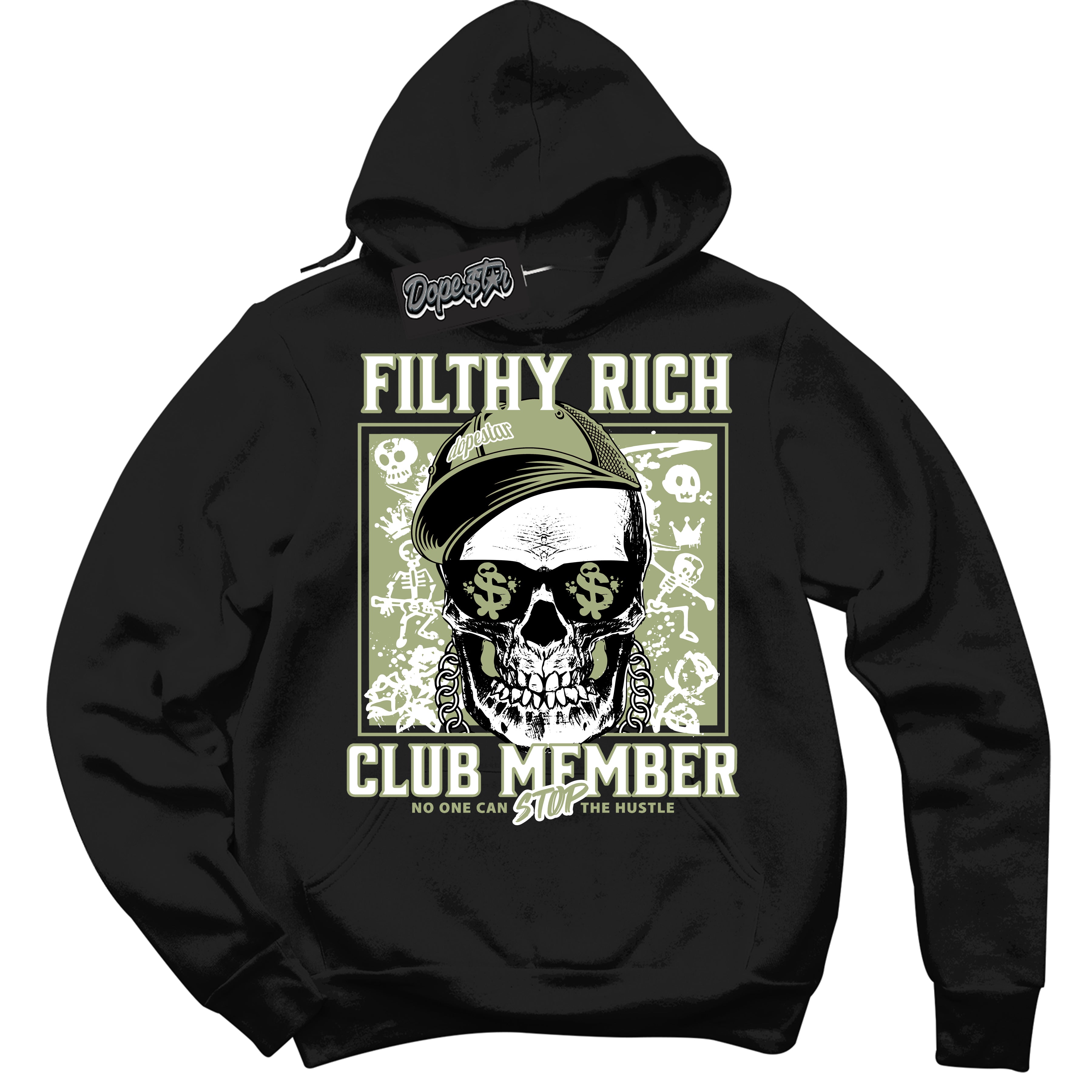 Cool Black Hoodie with “ Filthy Rich ”  design that Perfectly Matches Safari Oil Green Sneakers.