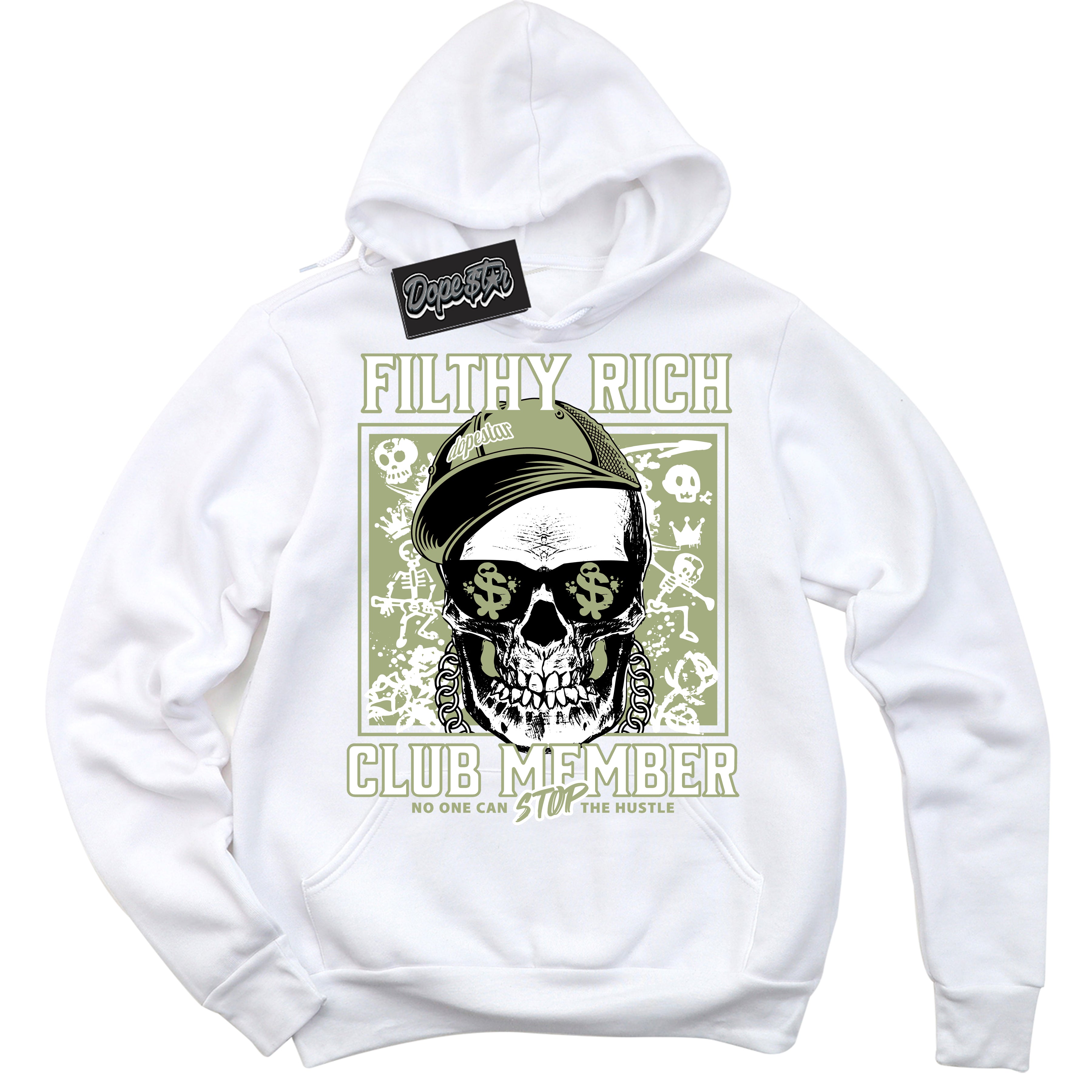 Cool White Hoodie with “ Filthy Rich ”  design that Perfectly Matches Safari Oil Green Sneakers.