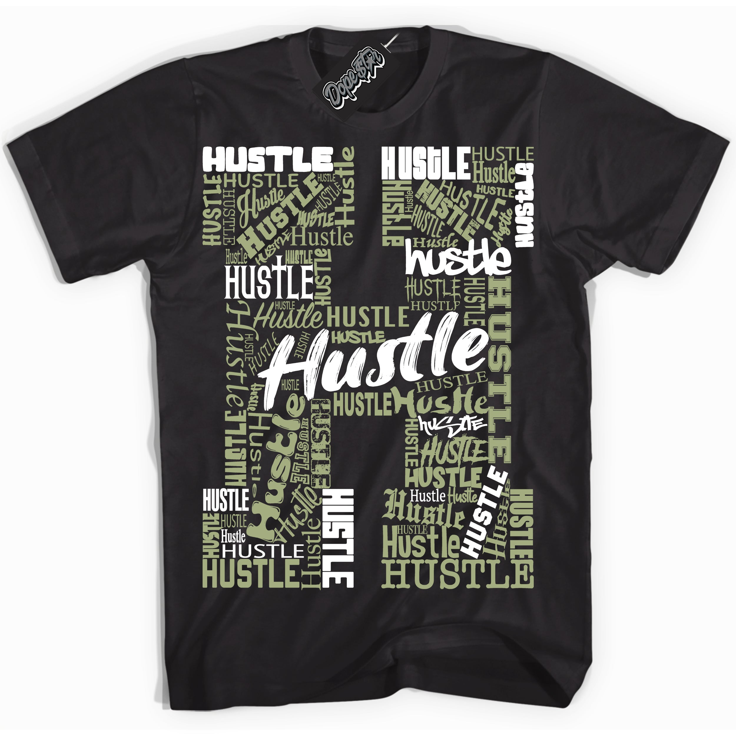 Cool Black Shirt with “ Hustle H ” design that perfectly matches Safari Oil Green Dunk.
