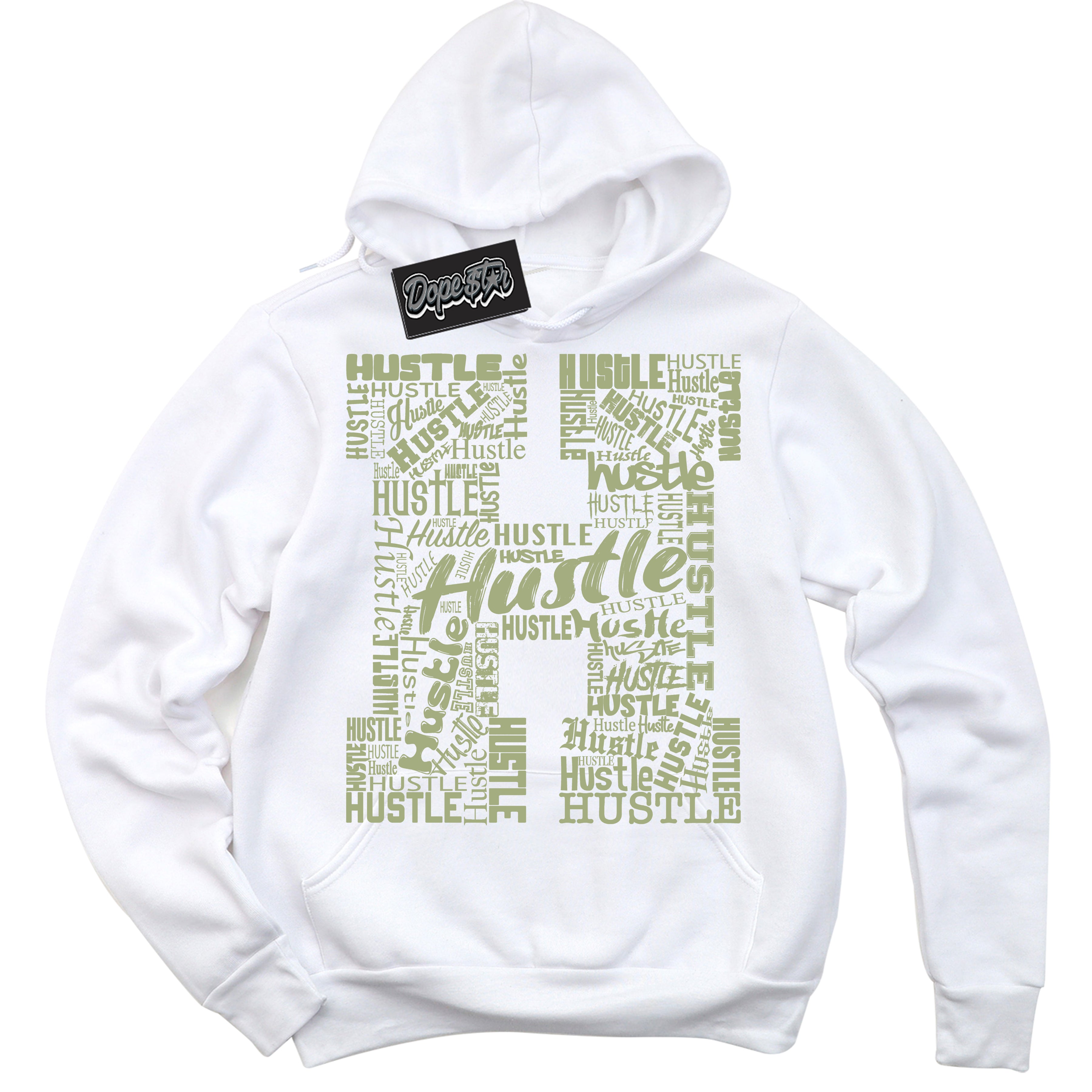 Cool White Hoodie with “ Hustle H ”  design that Perfectly Matches Safari Oil Green Dunk.
