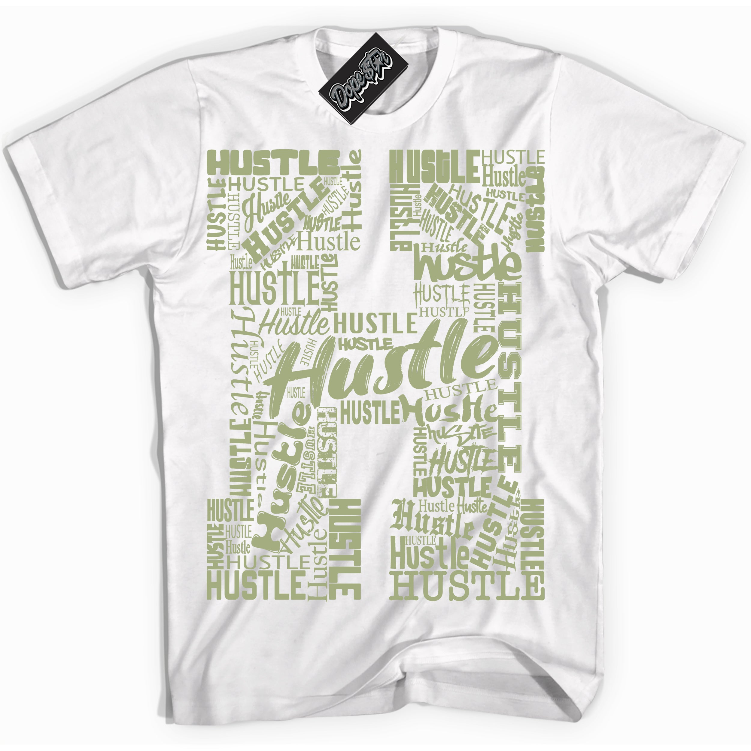 Cool White Shirt with “ Hustle H ” design that perfectly matches Safari Oil Green Dunk.
