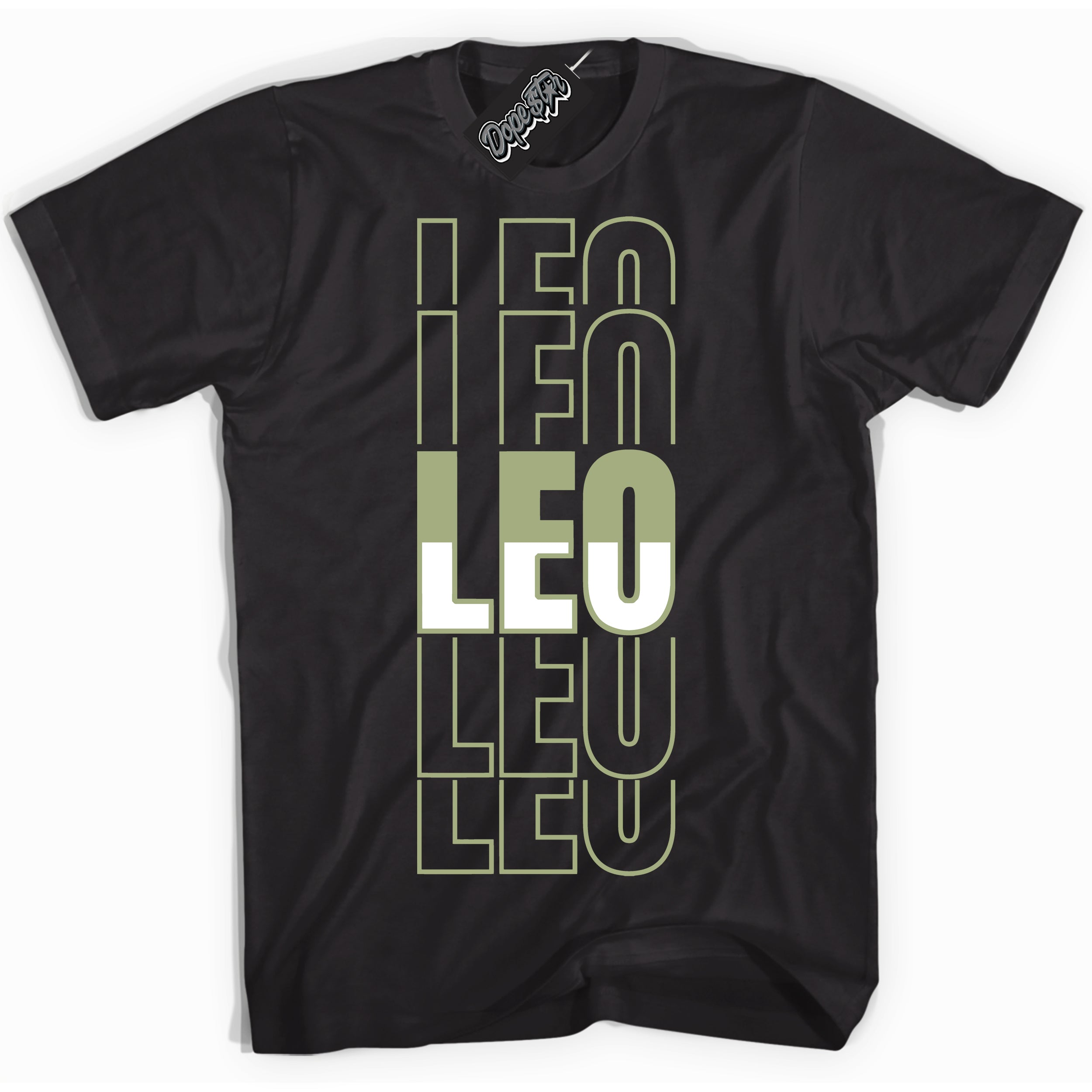 Cool Black Shirt with “ Leo ” design that perfectly matches Safari Oil Green Dunk.
