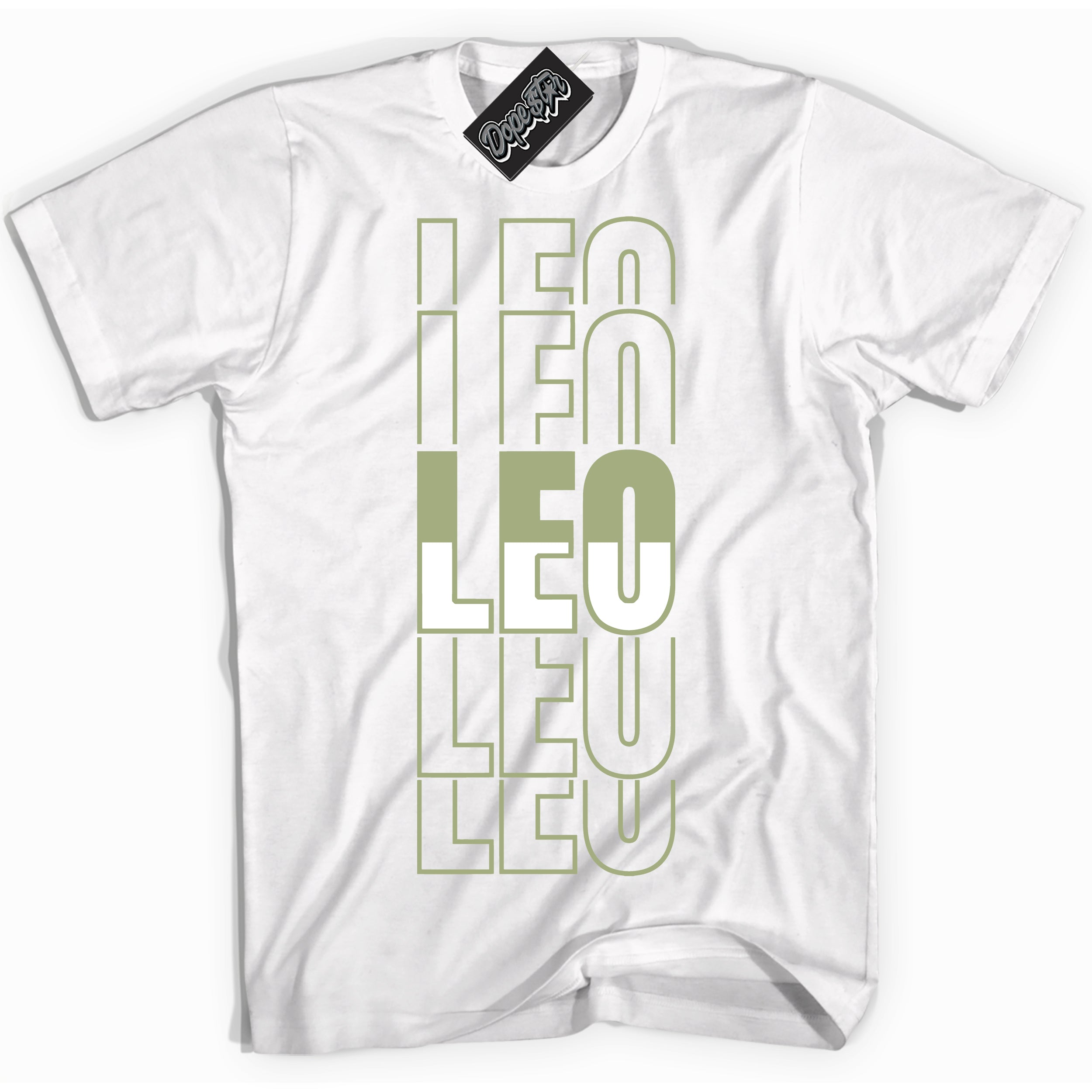 Cool White Shirt with “ Leo ” design that perfectly matches Safari Oil Green Dunk.
