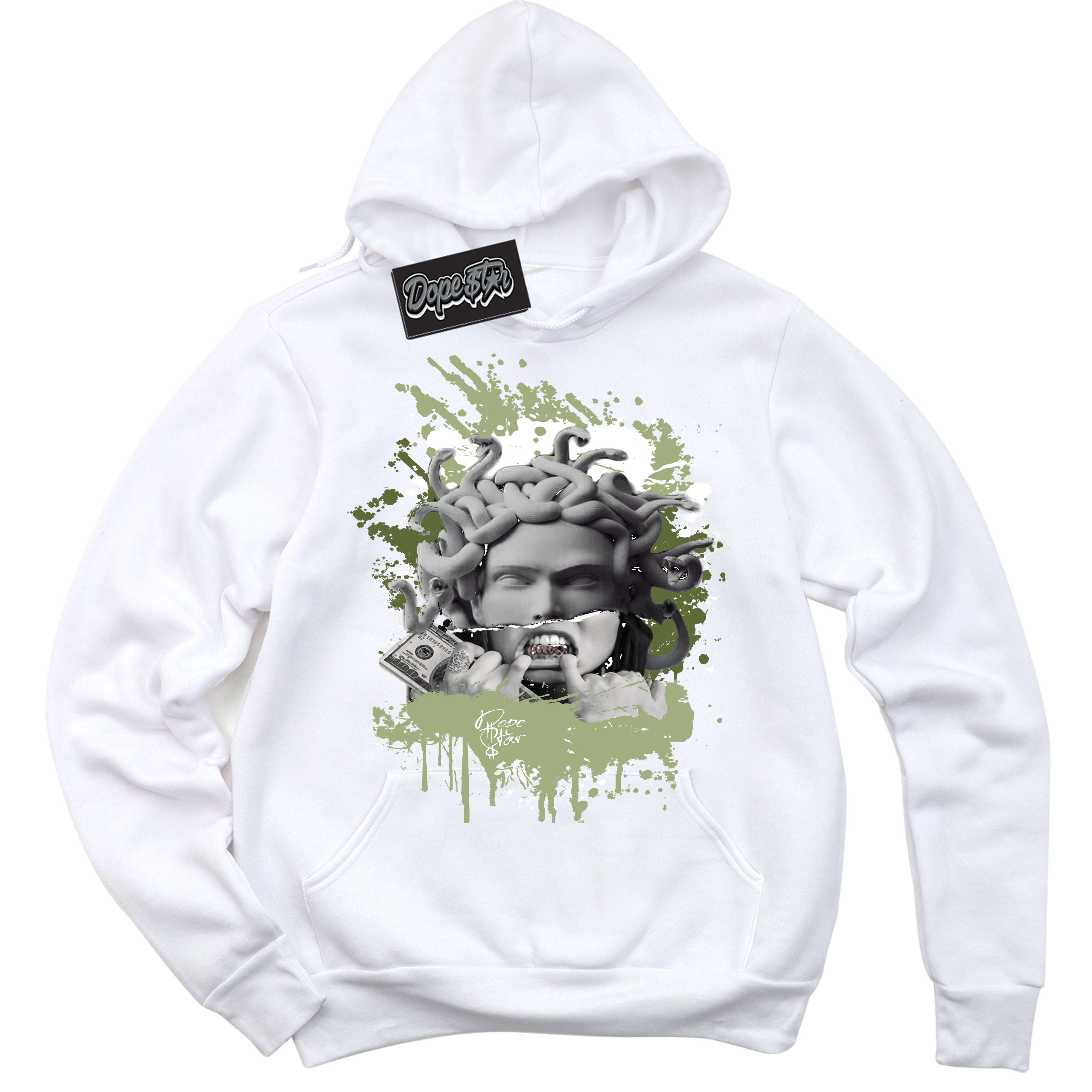 Cool White Hoodie with “ Medusa ”  design that Perfectly Matches Safari Oil Green Dunk.
