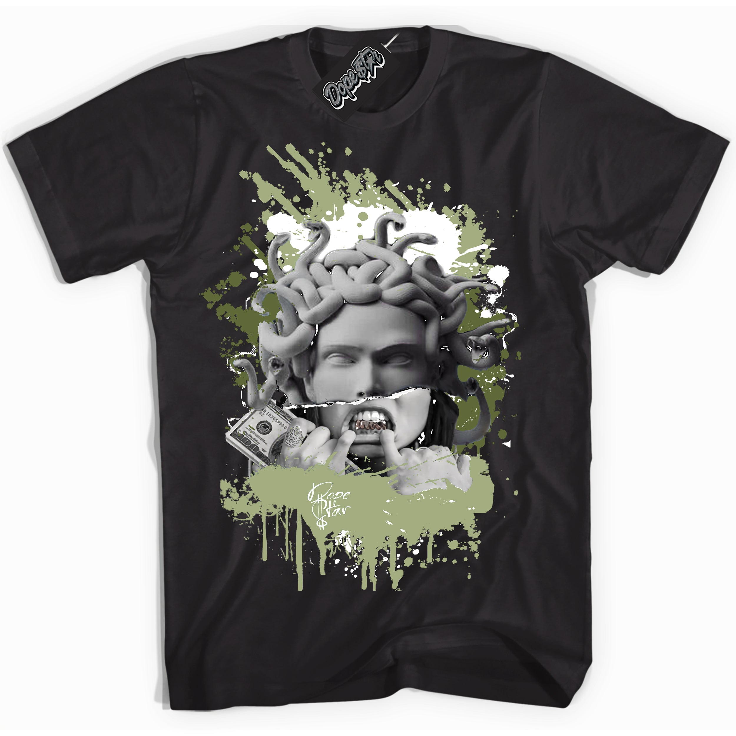 Cool Black Shirt with “ Medusa ” design that perfectly matches Safari Oil Green Dunk.
