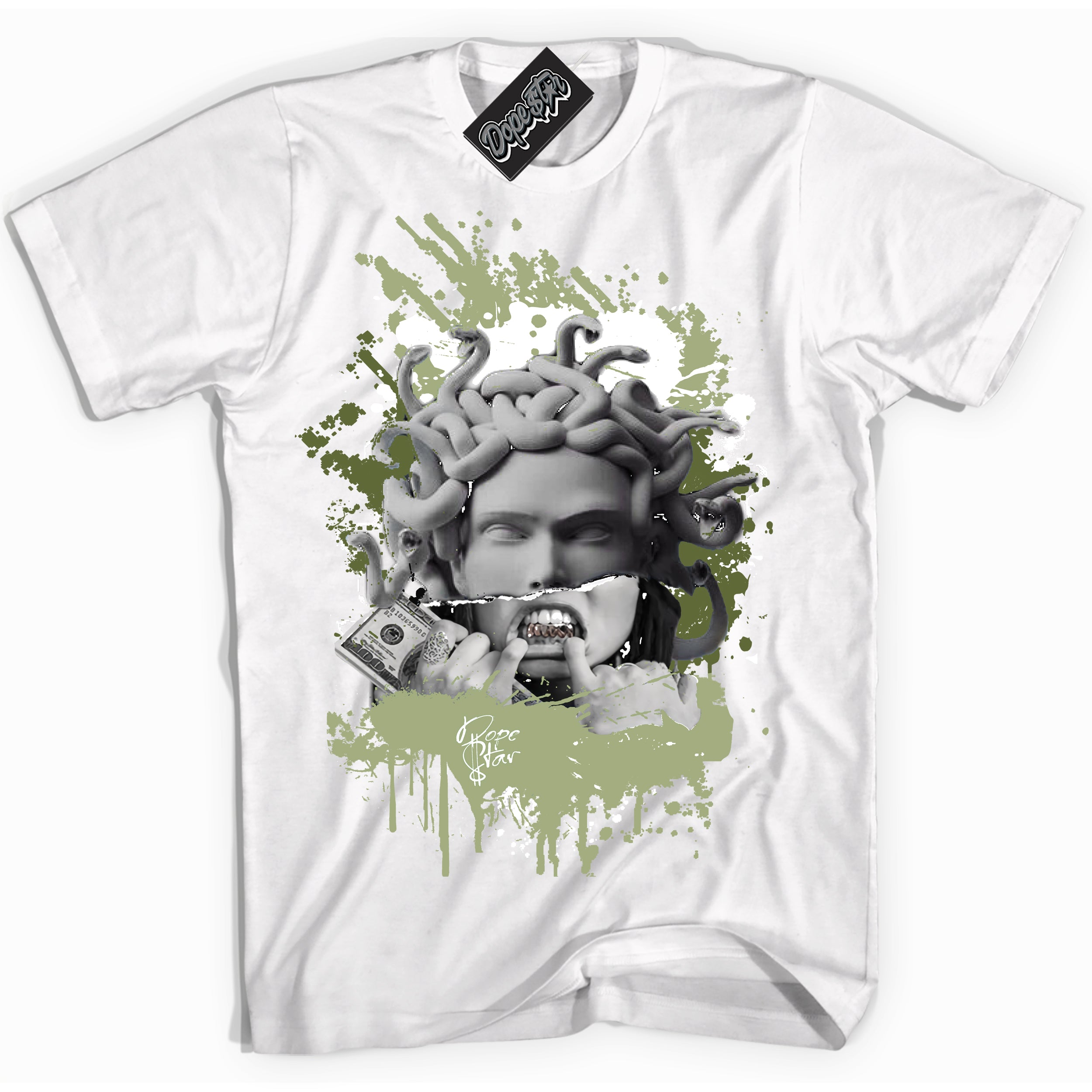 Cool White Shirt with “ Medusa ” design that perfectly matches Safari Oil Green Dunk.
