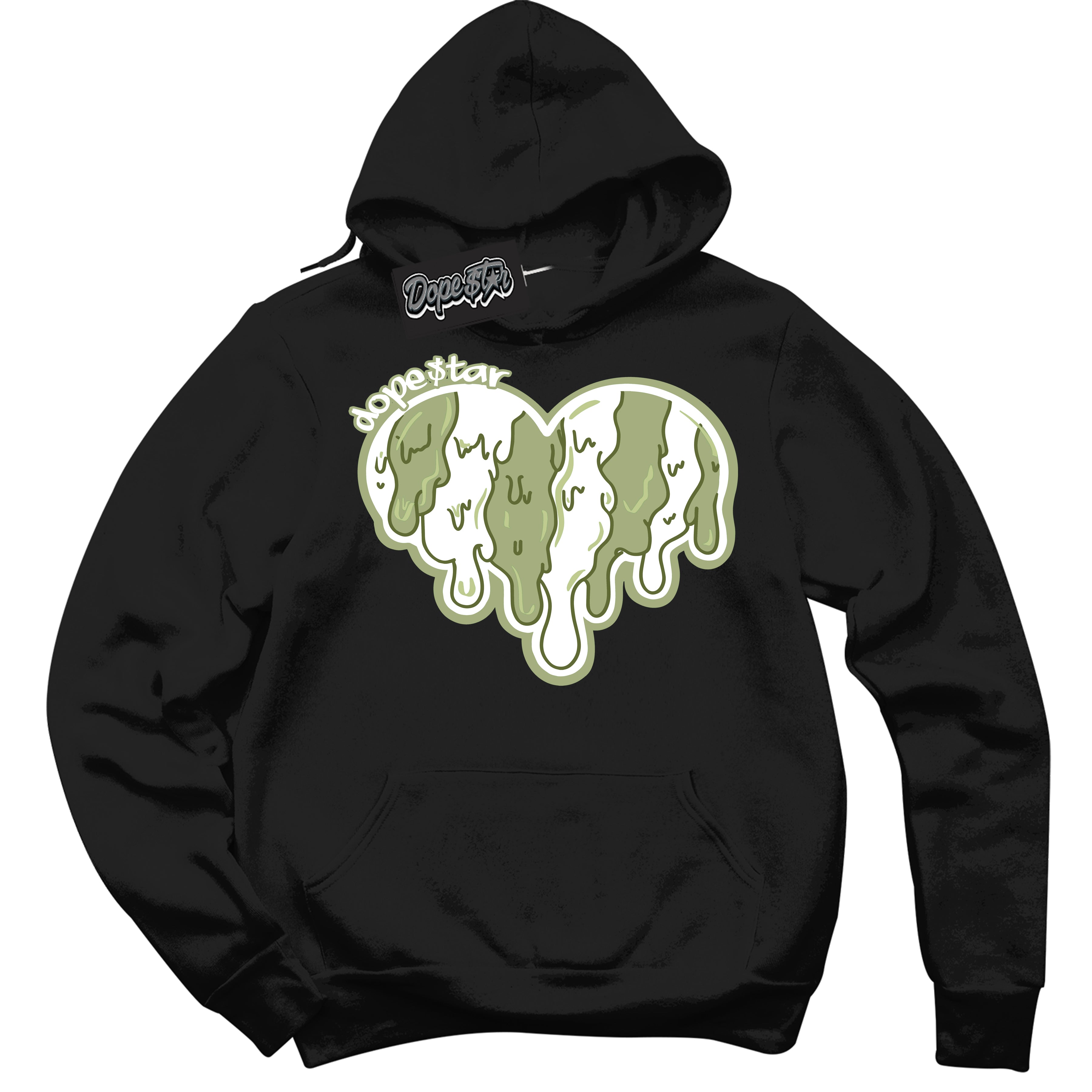 Cool Black Hoodie with “ Melting Heart ”  design that Perfectly Matches Safari Oil Green Dunk.
