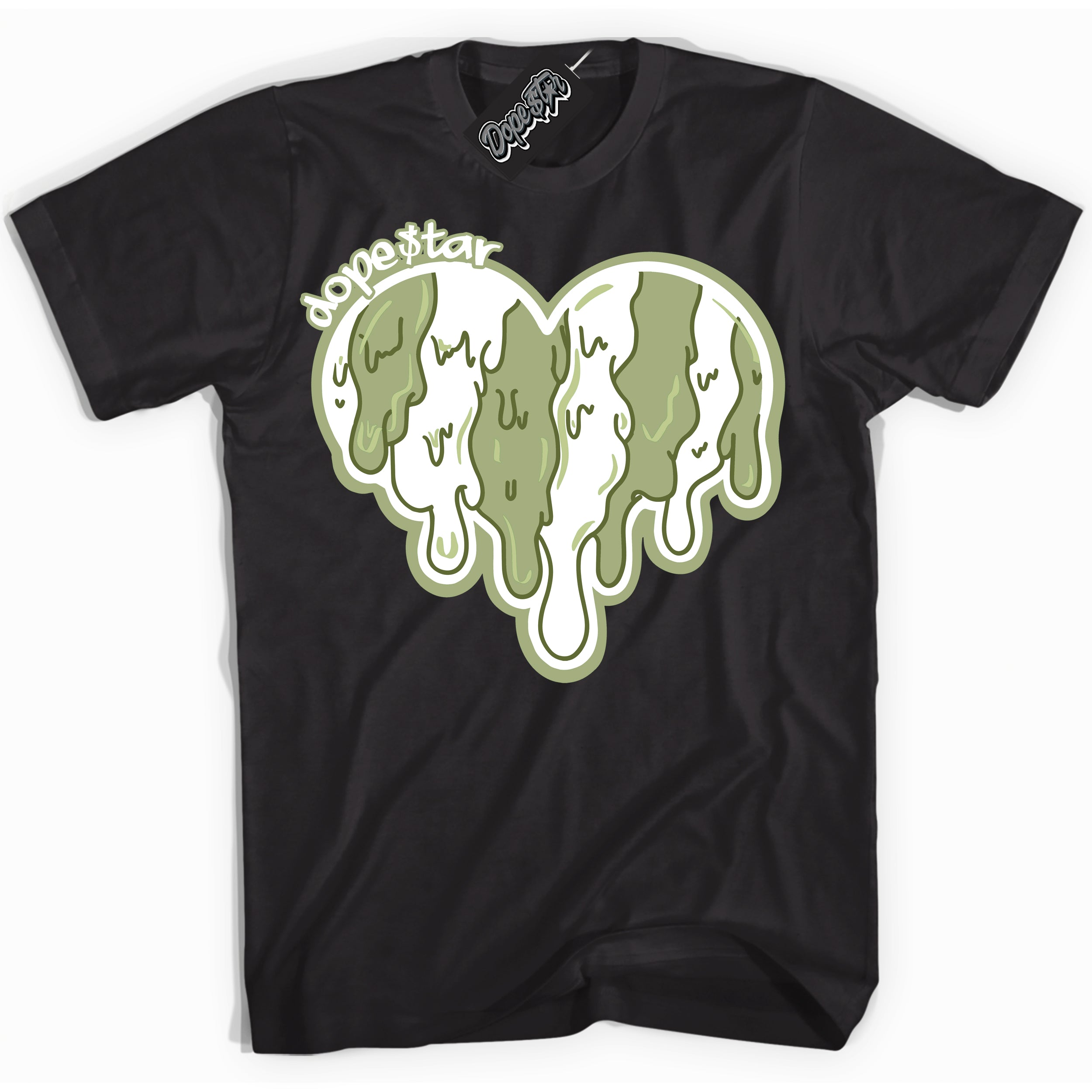 Cool Black Shirt with “ Melting Heart ” design that perfectly matches Safari Oil Green Dunk.
