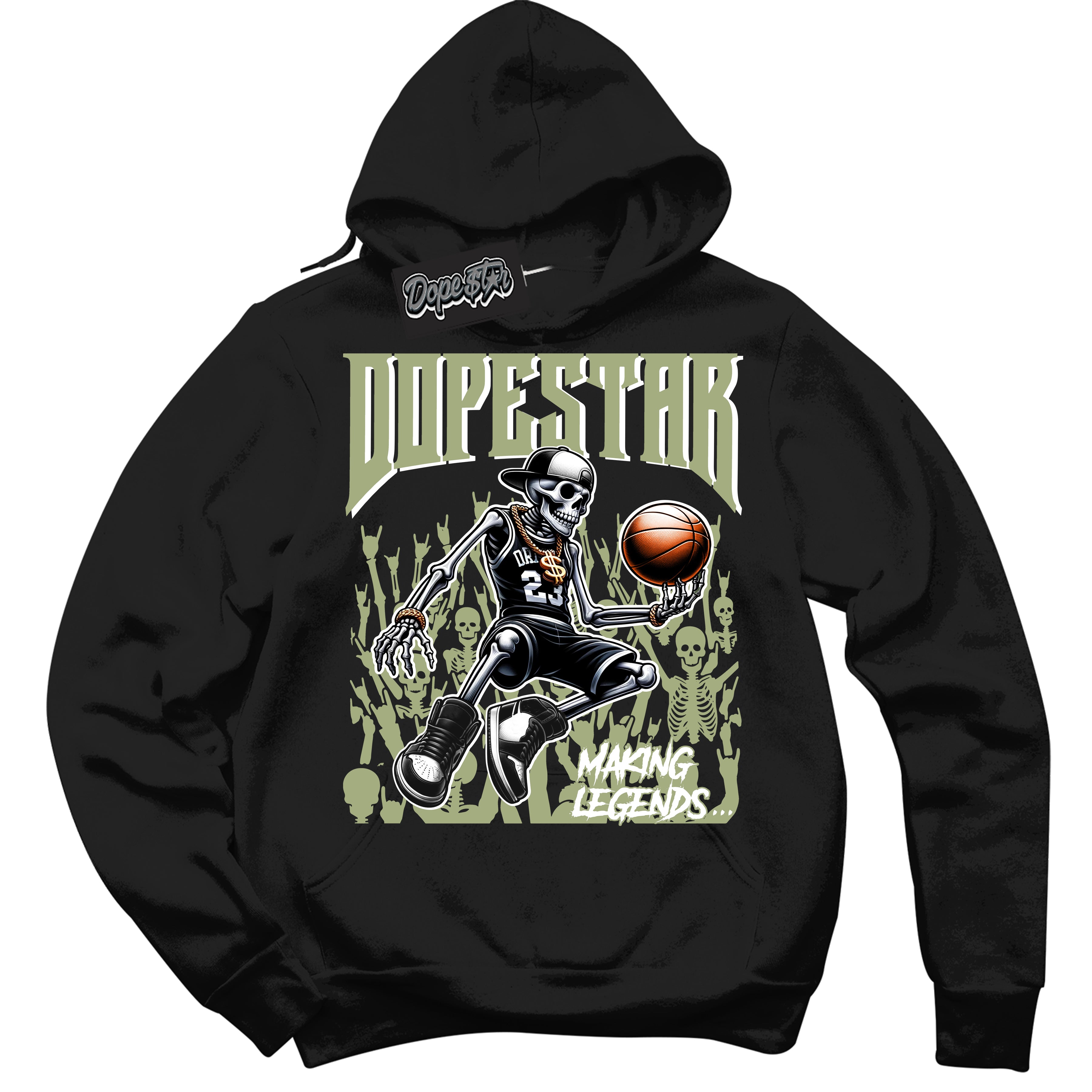 Cool Black Hoodie with “ Making Legends ”  design that Perfectly Matches Safari Oil Green Sneakers.