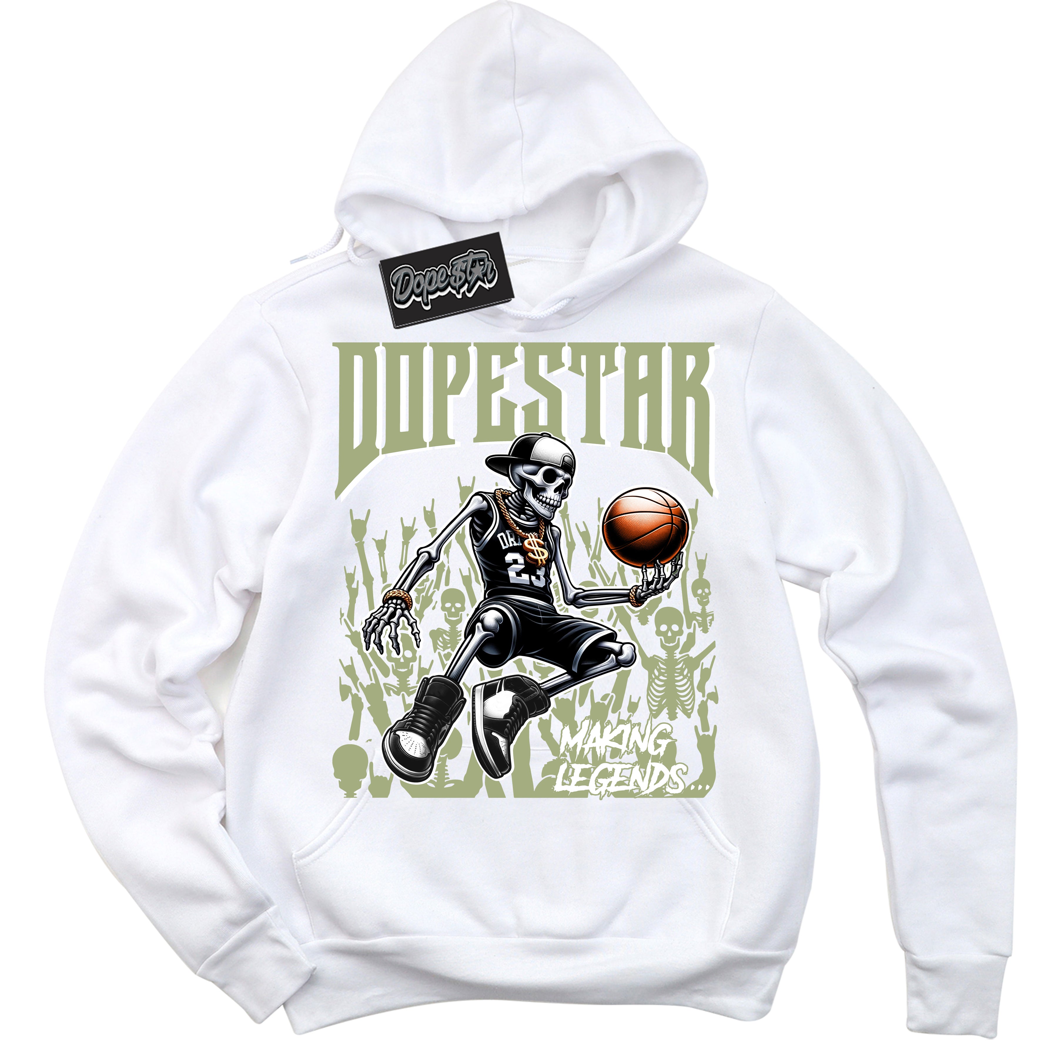 Cool White Hoodie with “ Making Legends ”  design that Perfectly Matches Safari Oil Green Sneakers.