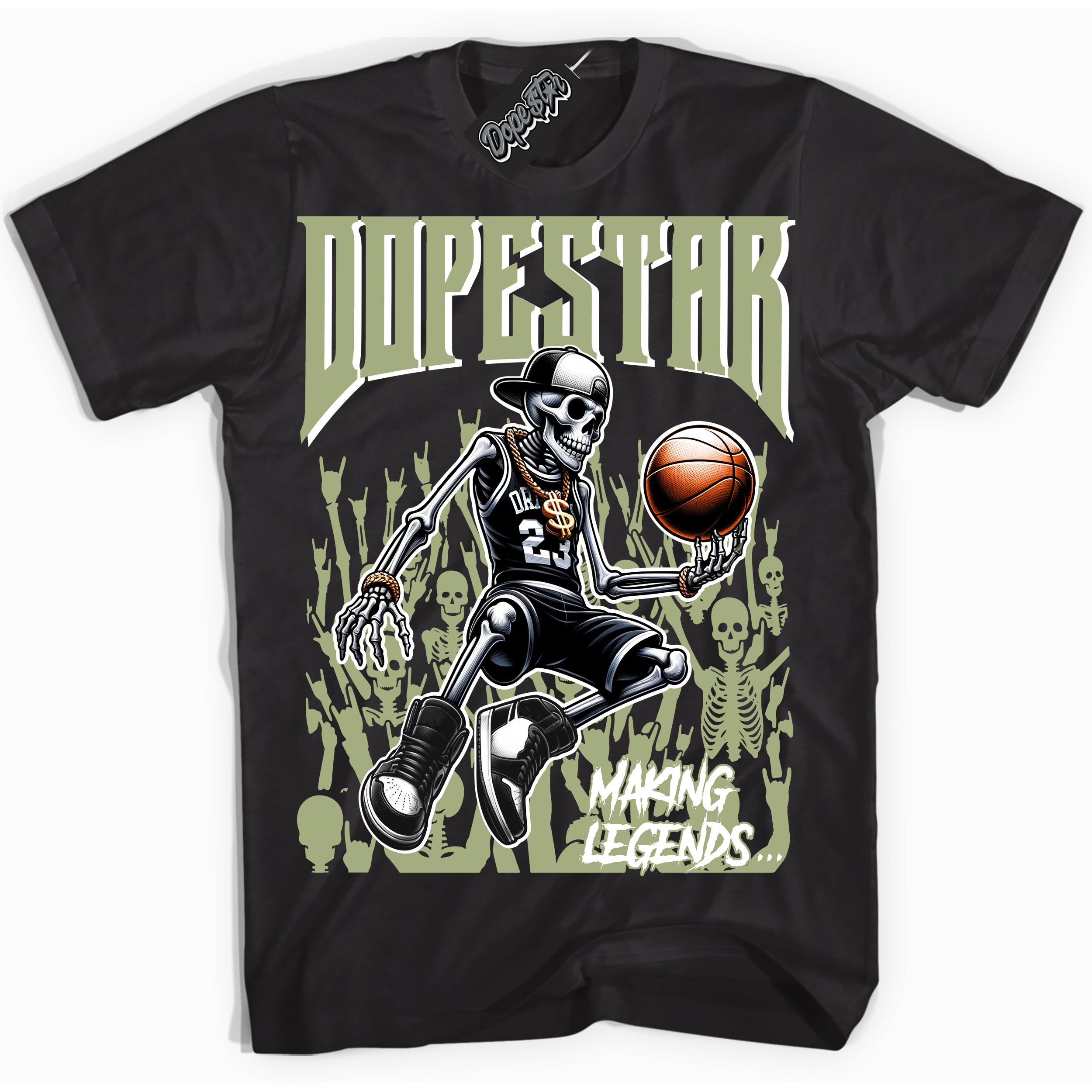 Cool Black Shirt with “ Making Legends ” design that perfectly matches Safari Oil Green Sneakers.