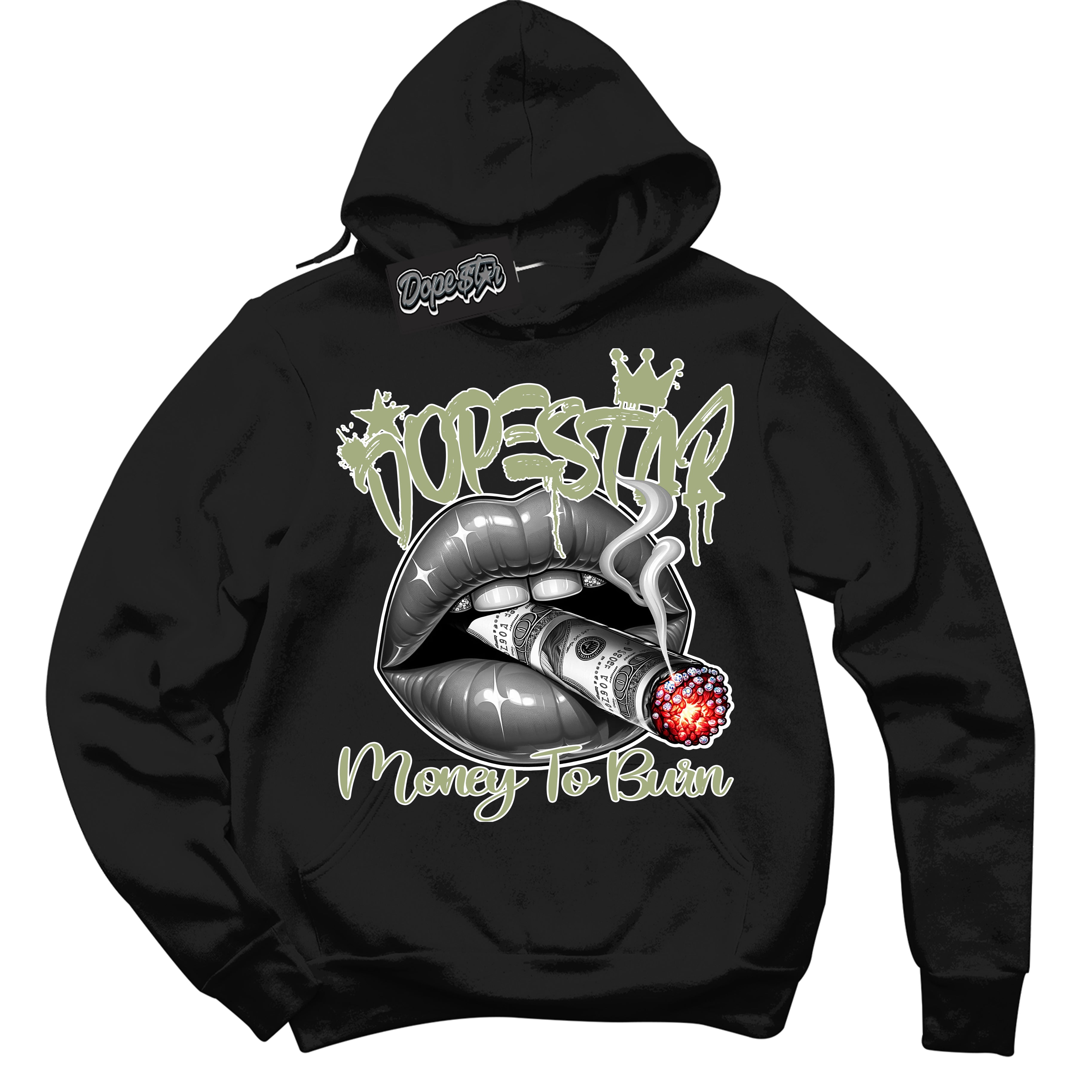 Cool Black Hoodie with “ Money To Burn ”  design that Perfectly Matches Safari Oil Green Sneakers.