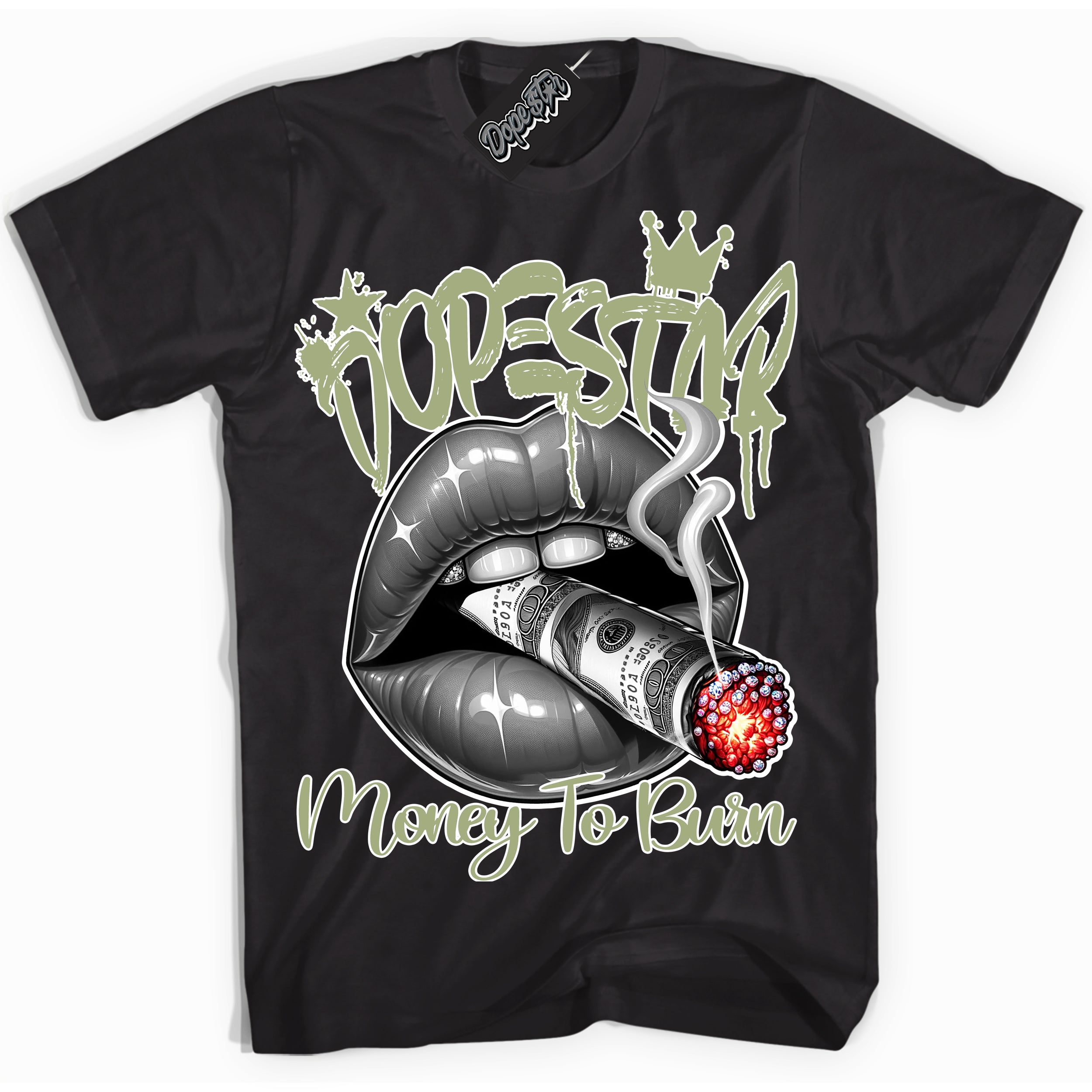 Cool Black Shirt with “ Money To Burn” design that perfectly matches Safari Oil Green Sneakers.