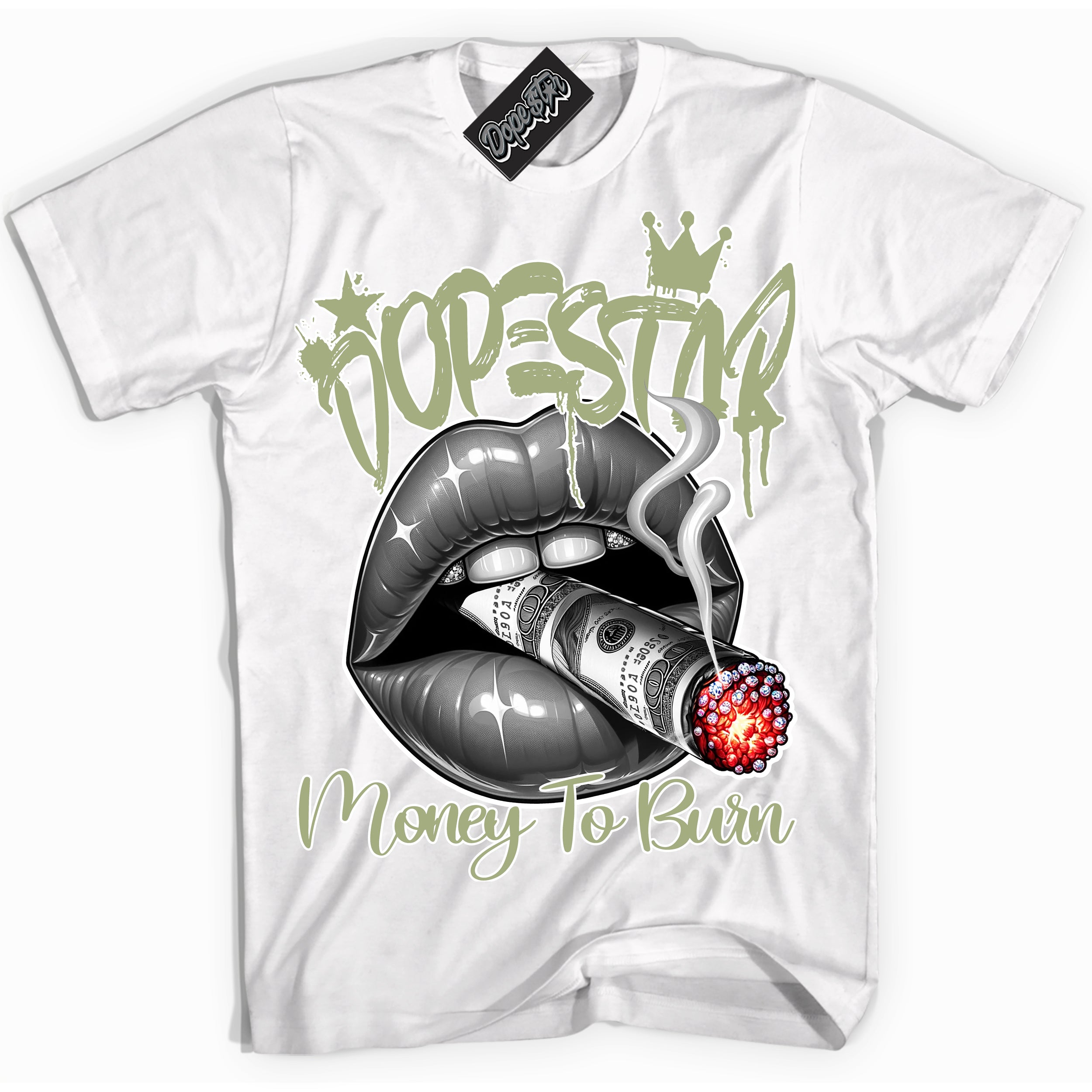 Cool White Shirt with “ Money To Burn” design that perfectly matches Safari Oil Green Sneakers.