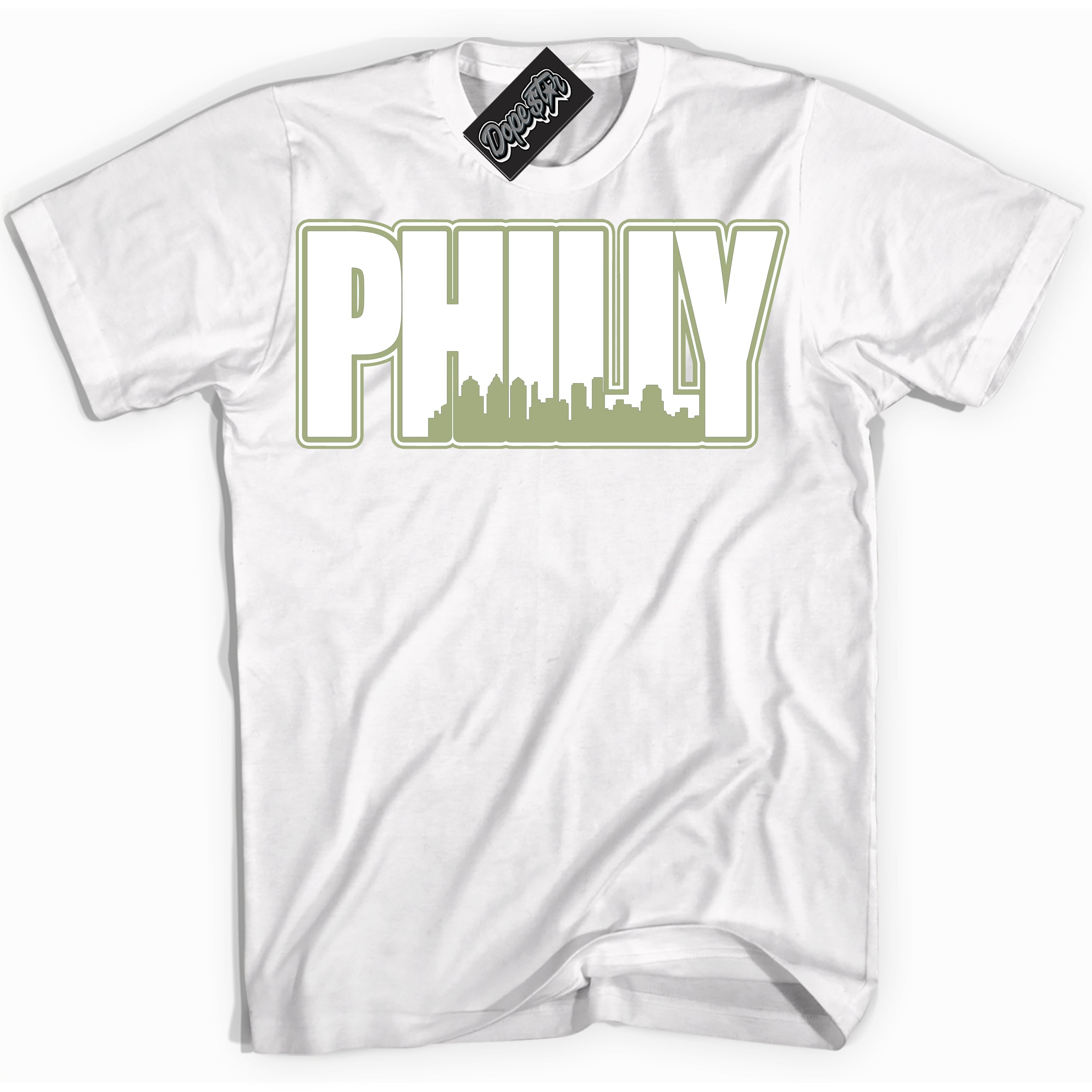 Cool White Shirt with “ Philly ” design that perfectly matches Safari Oil Green Dunk.
