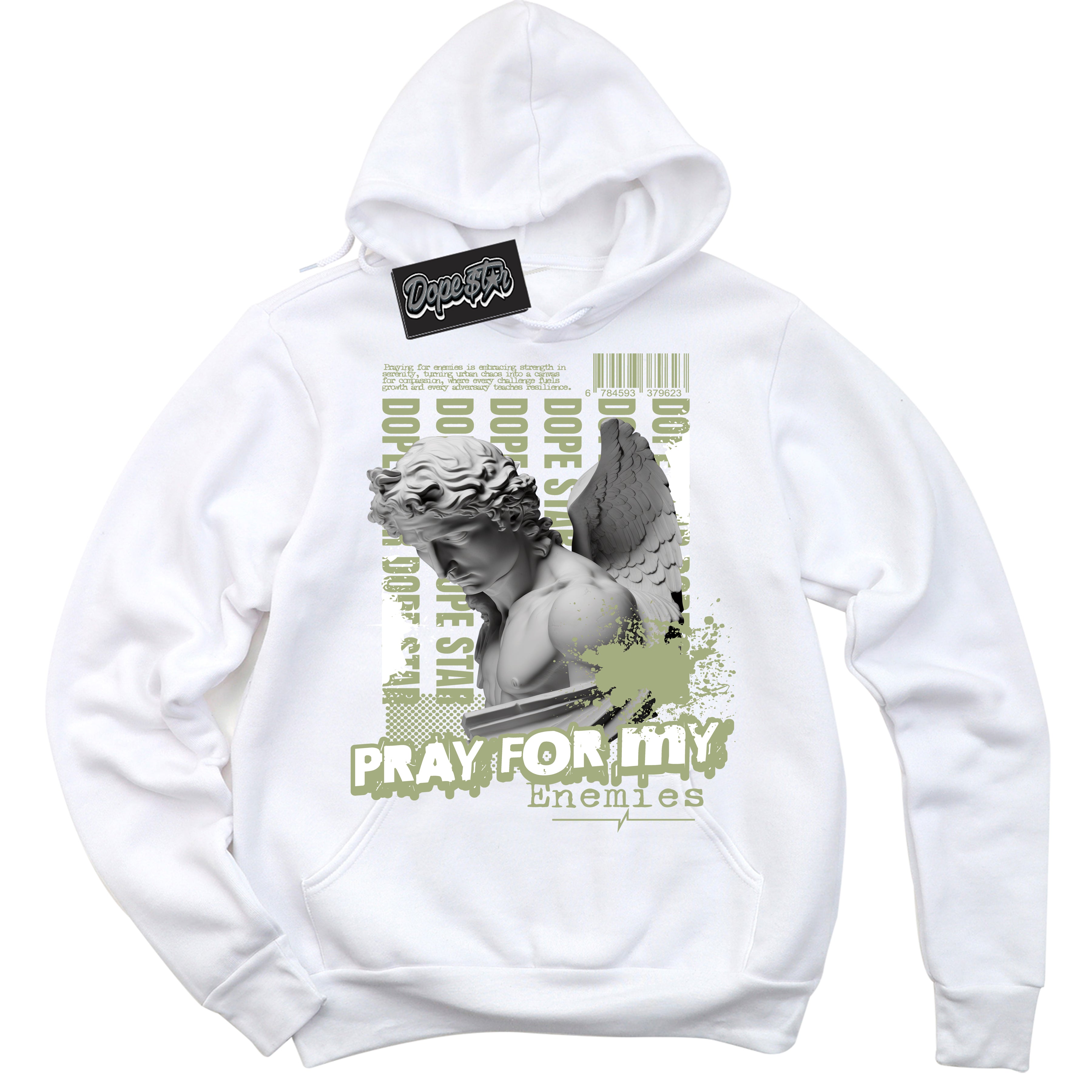 Cool White Hoodie with “ Pray Enemies ”  design that Perfectly Matches Safari Oil Green Sneakers.