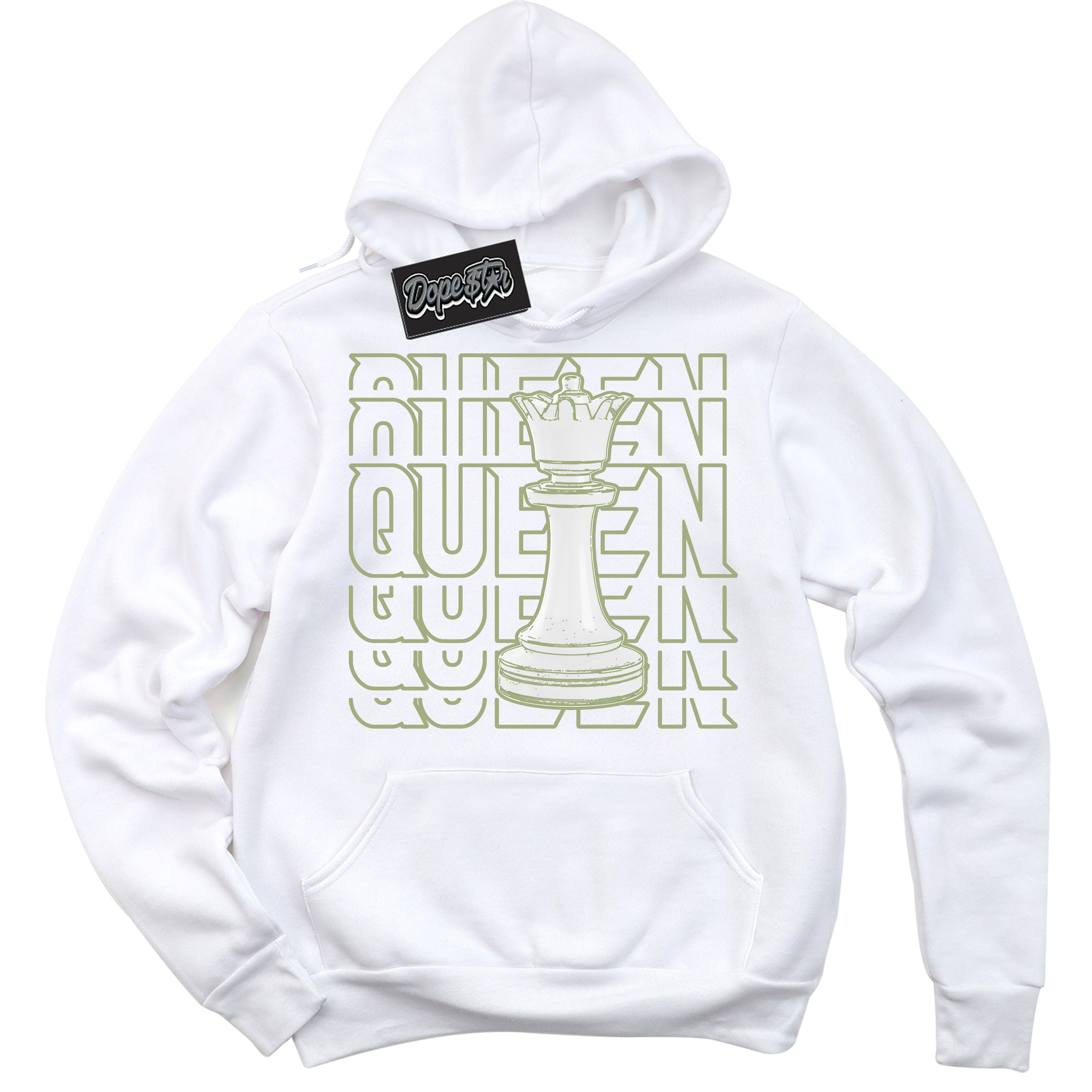 Cool White Hoodie with “ Queen Chess ”  design that Perfectly Matches Safari Oil Green Dunk.
