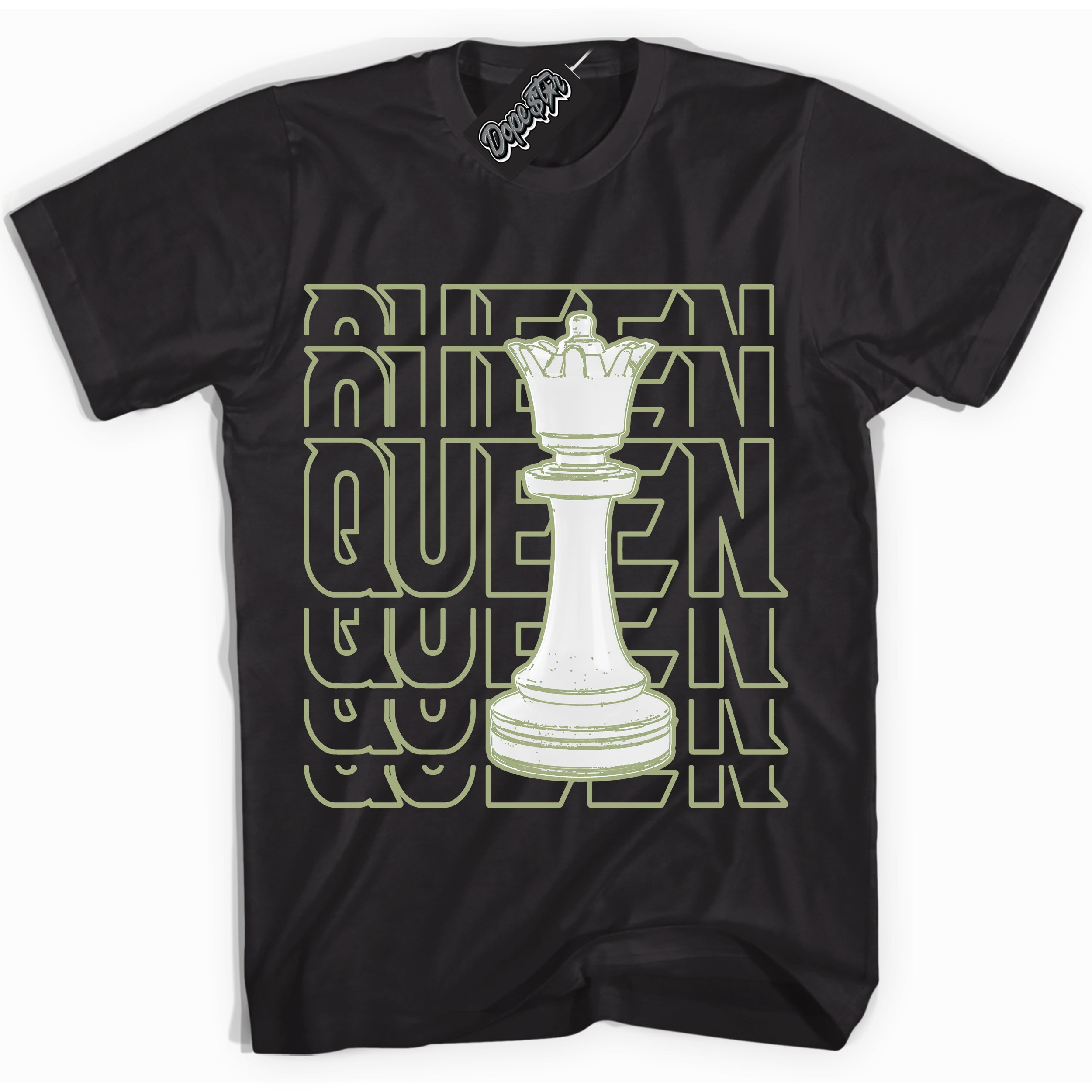 Cool Black Shirt with “ Queen Chess ” design that perfectly matches Safari Oil Green Dunk.
