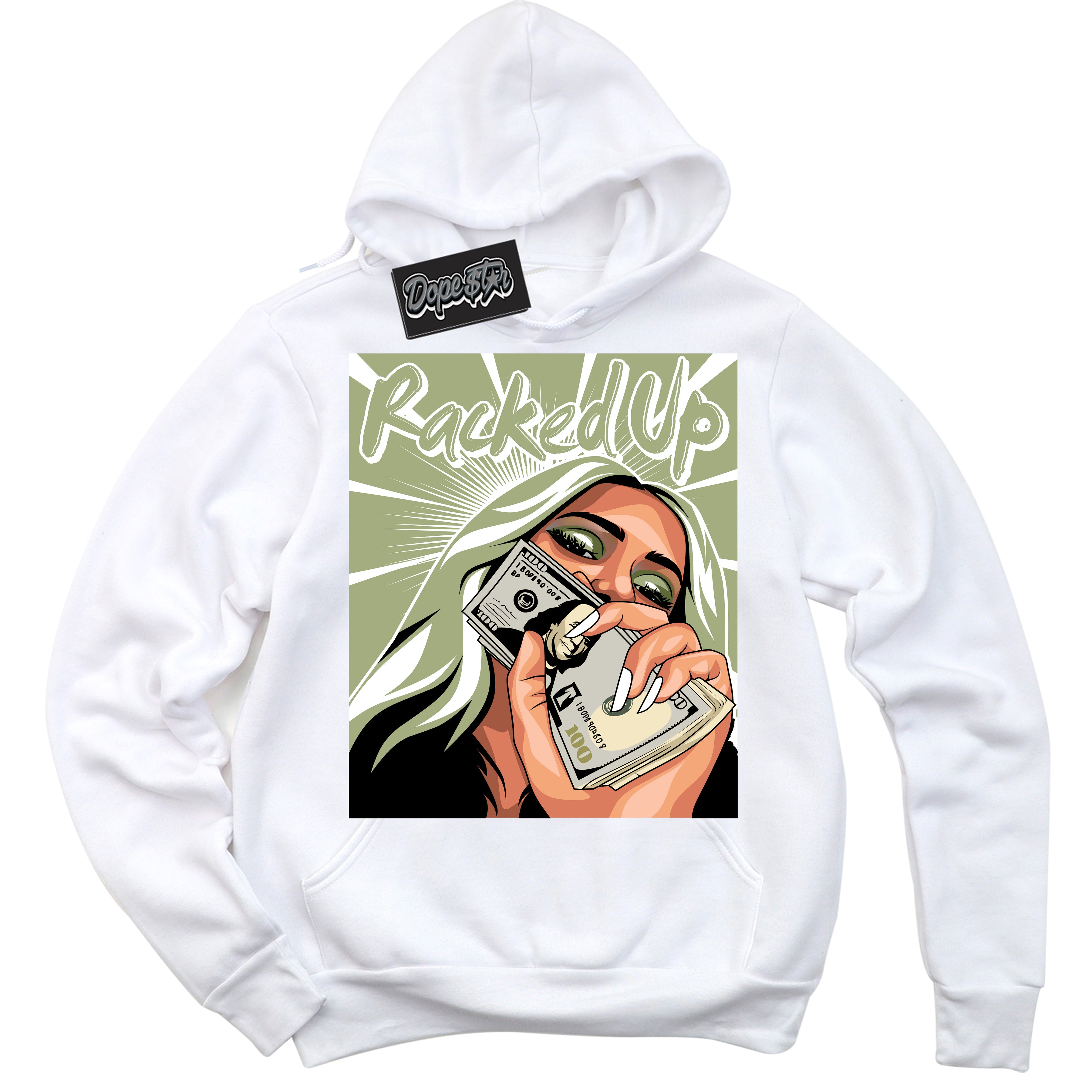 Cool White Hoodie with “ Racked Up ”  design that Perfectly Matches Safari Oil Green Dunk.
