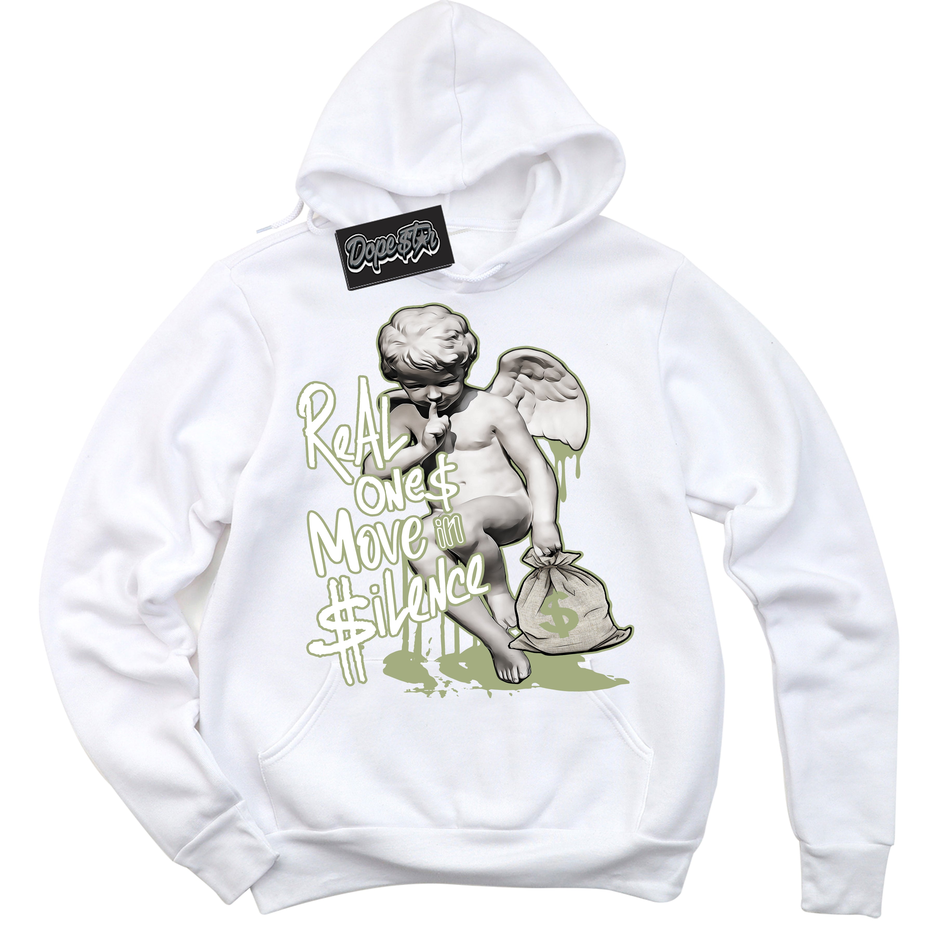 Cool White Hoodie with “ Real Ones Cherub ”  design that Perfectly Matches Safari Oil Green Dunk.
