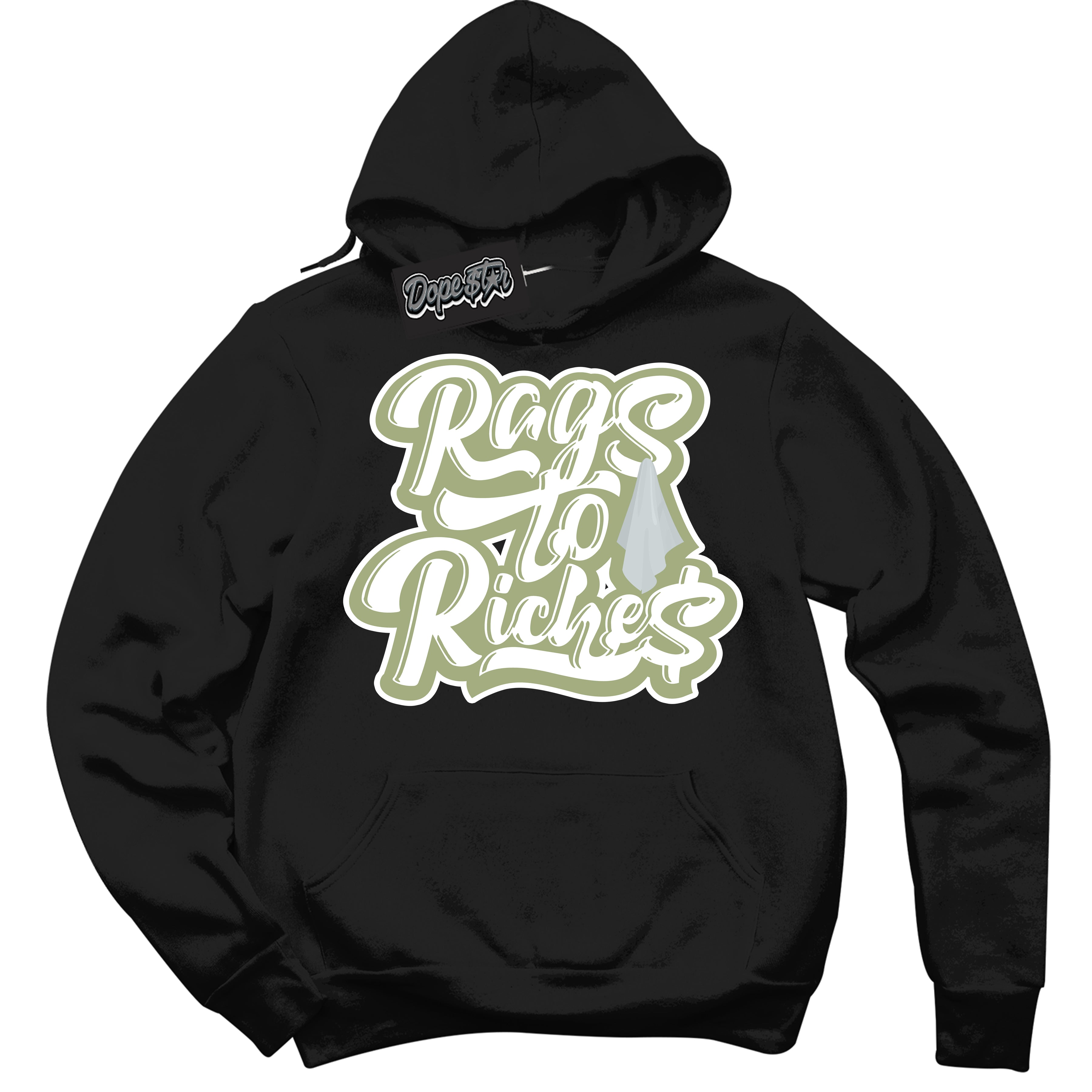 Cool Black Hoodie with “ Rags To Riches ”  design that Perfectly Matches Safari Oil Green Dunk.
