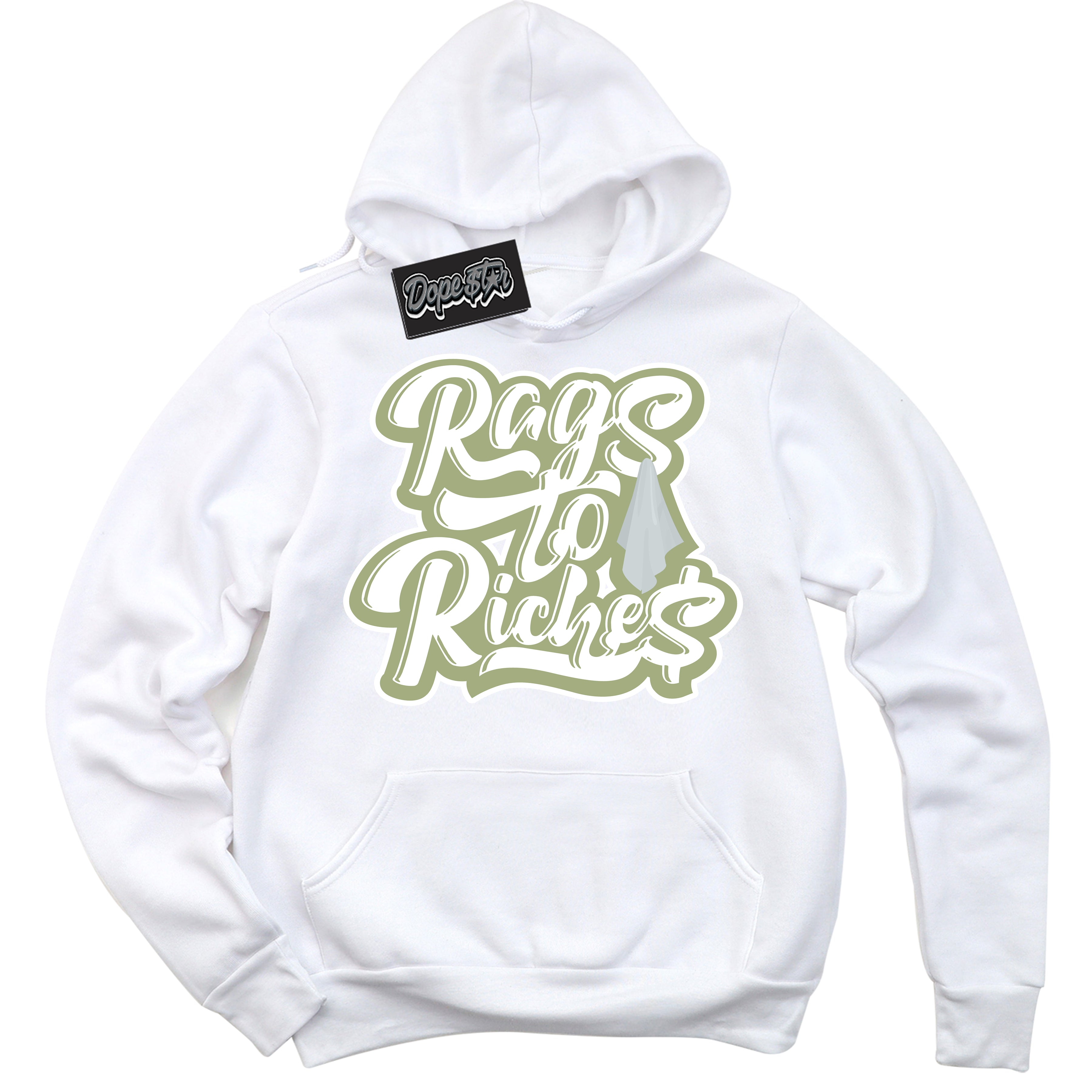 Cool White Hoodie with “ Rags To Riches ”  design that Perfectly Matches Safari Oil Green Dunk.
