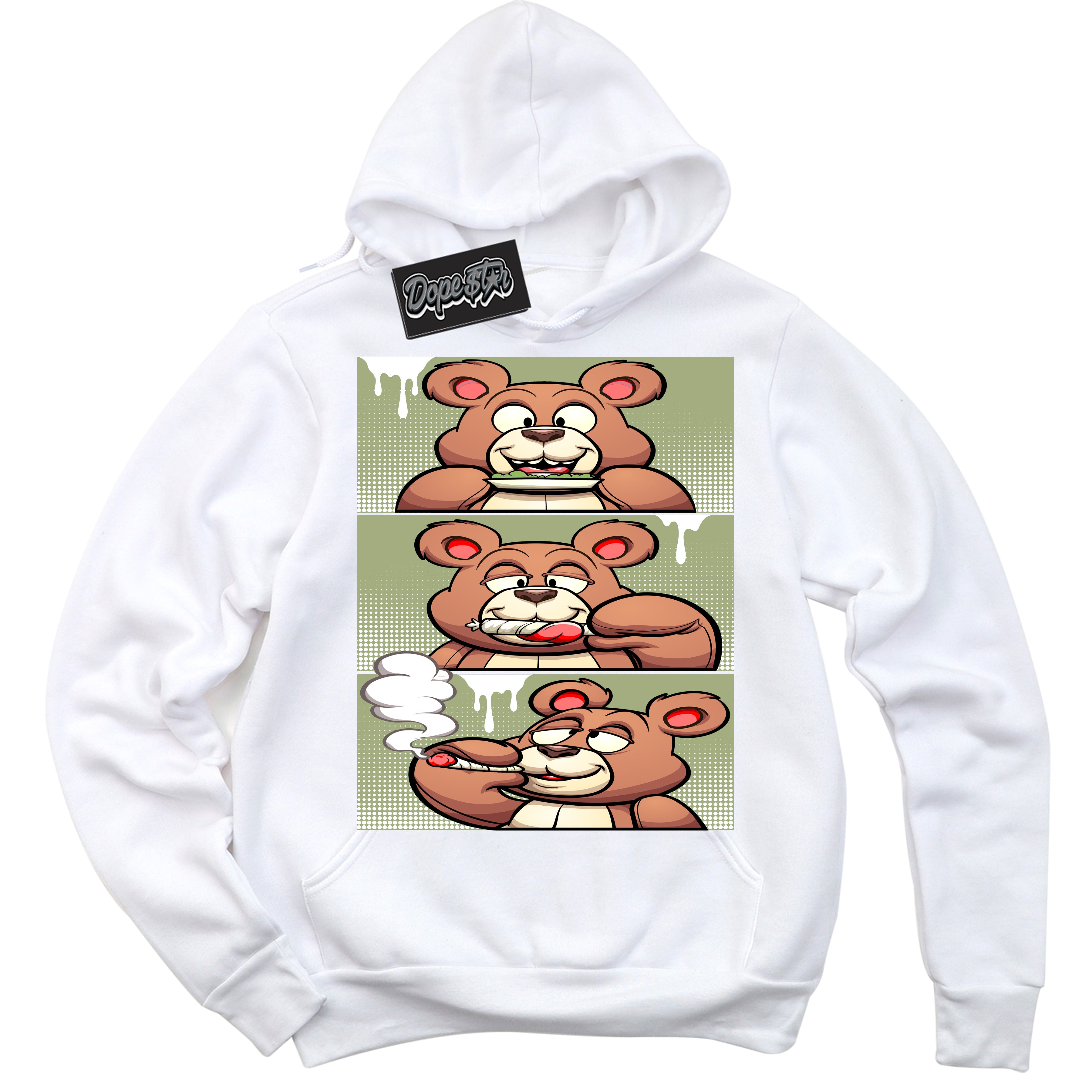 Cool White Hoodie with “ Roll It Lick It Smoke It Bear ”  design that Perfectly Matches Safari Oil Green Dunk.
