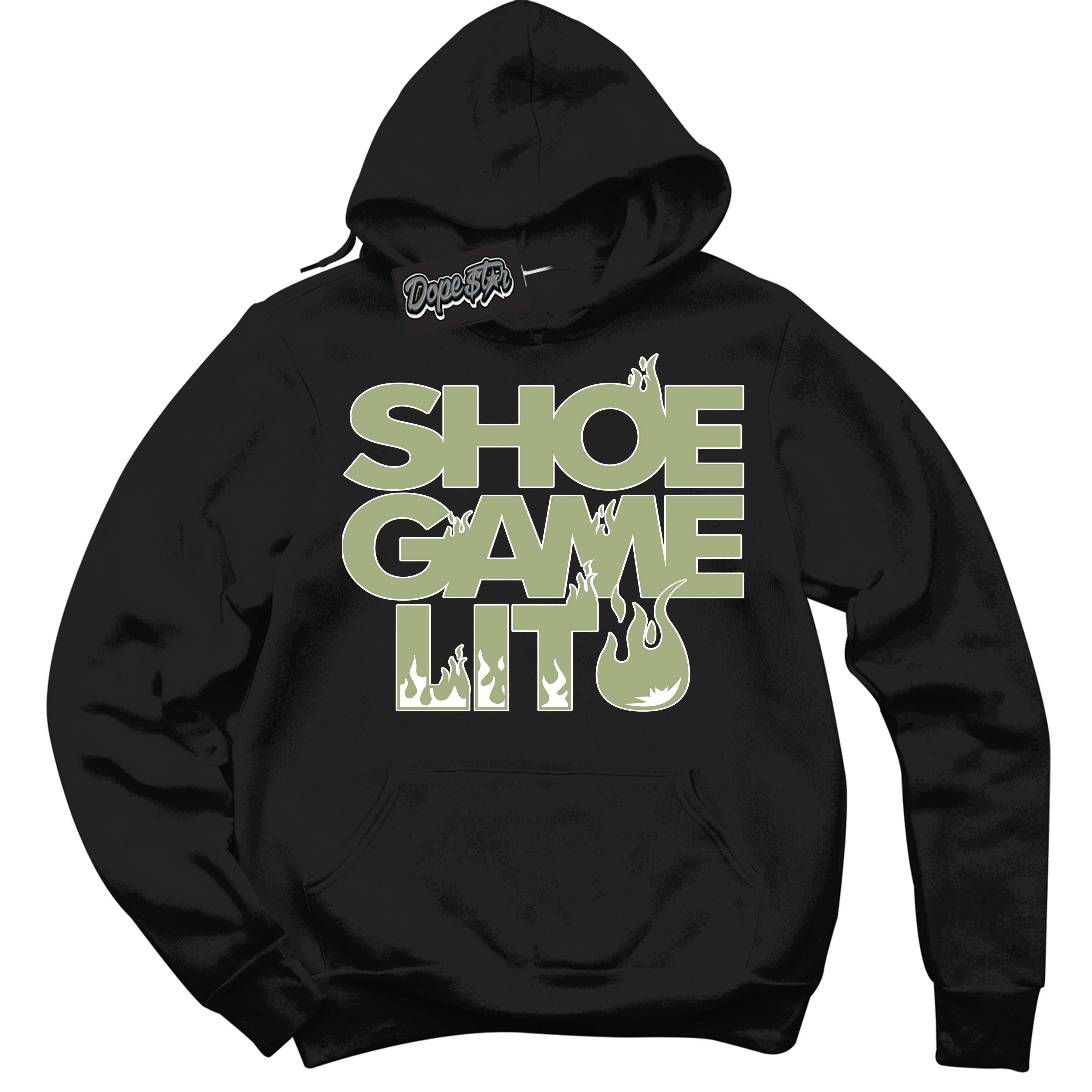 Cool Black Hoodie with “ Shoe Game Lit ”  design that Perfectly Matches Safari Oil Green Dunk.
