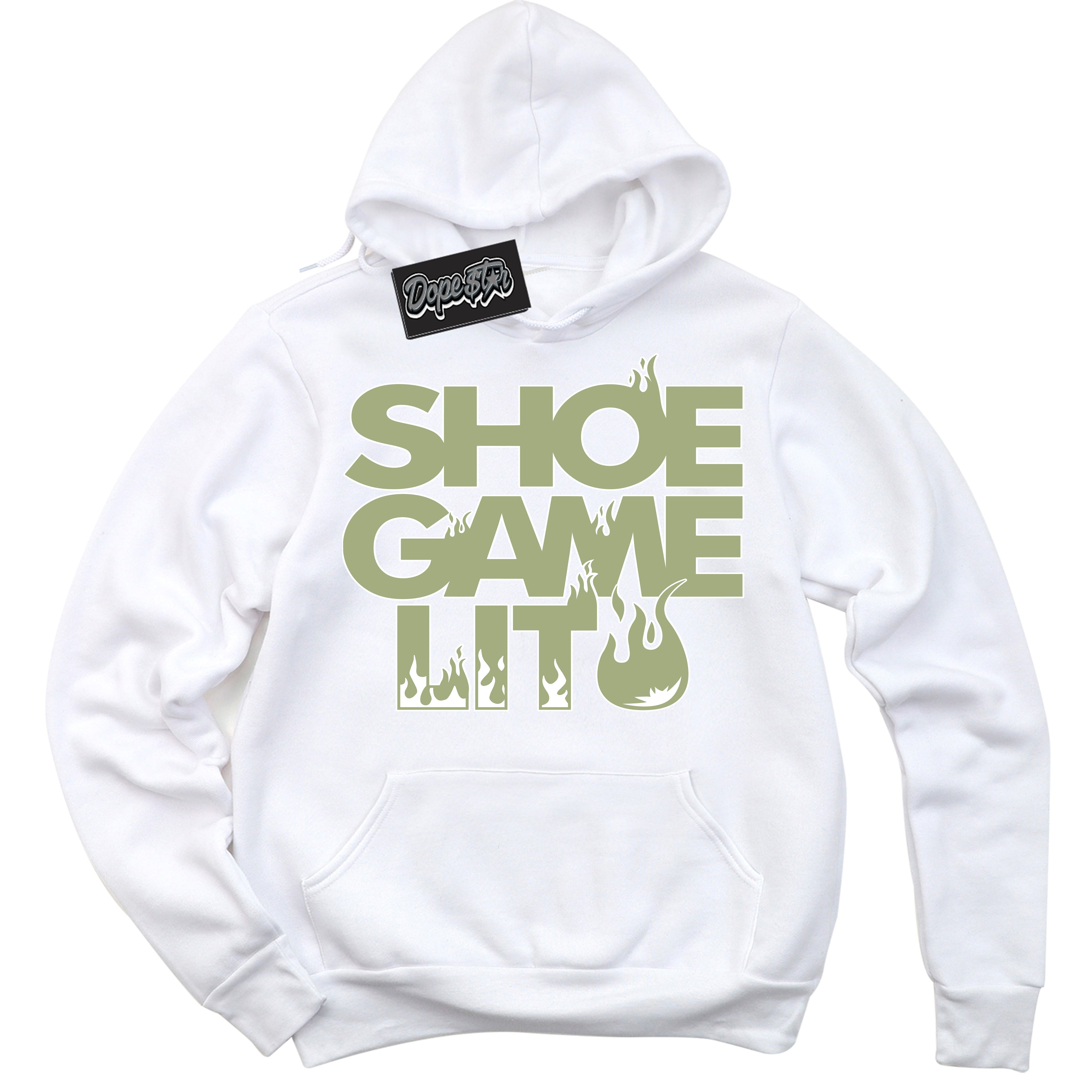 Cool White Hoodie with “ Shoe Game Lit ”  design that Perfectly Matches Safari Oil Green Dunk.
