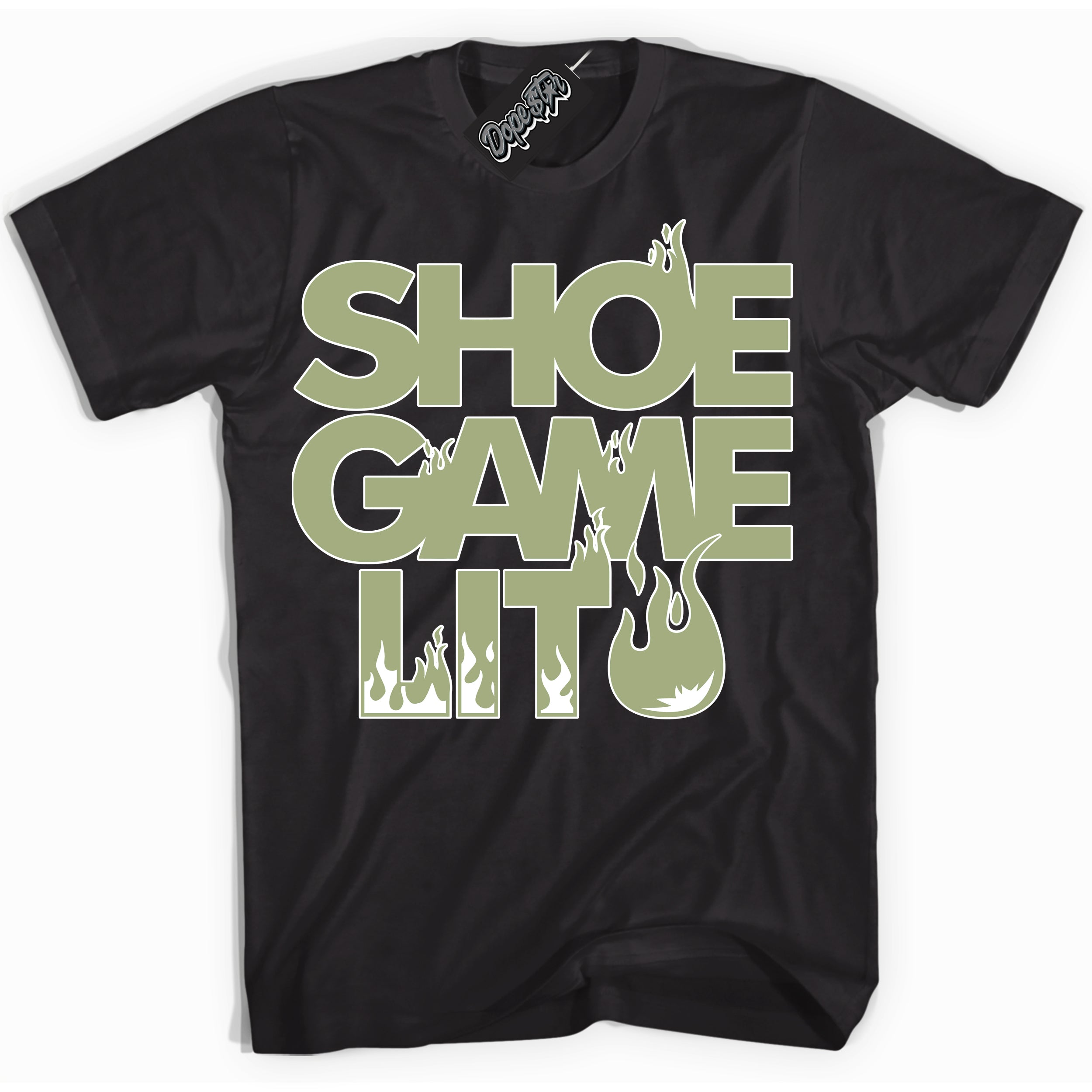 Cool Black Shirt with “ Shoe Game Lit ” design that perfectly matches Safari Oil Green Dunk.
