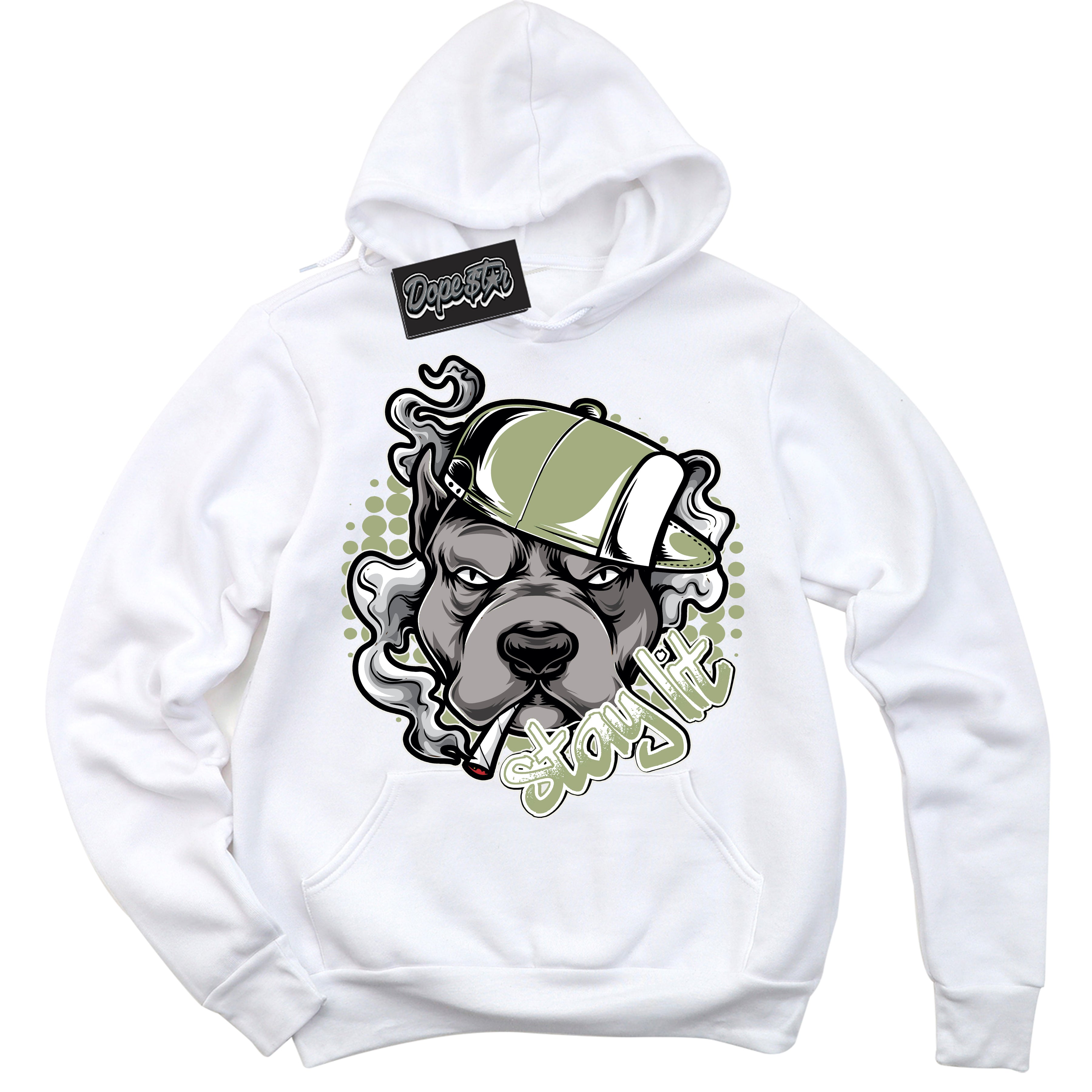 Cool White Hoodie with “ Stay Lit ”  design that Perfectly Matches Safari Oil Green Dunk.
