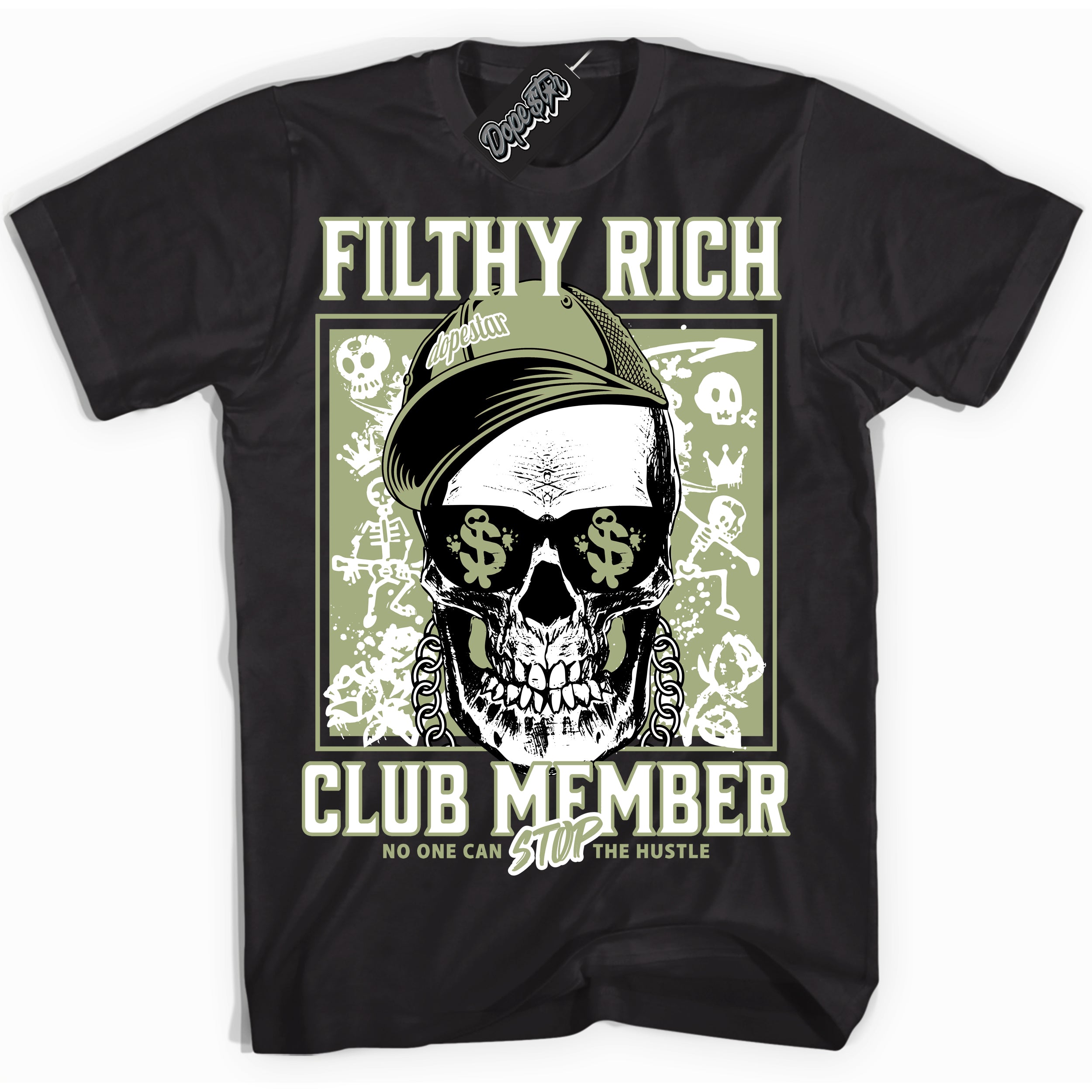 Cool Black Shirt with “ Filthy Rich” design that perfectly matches Safari Oil Green Sneakers.