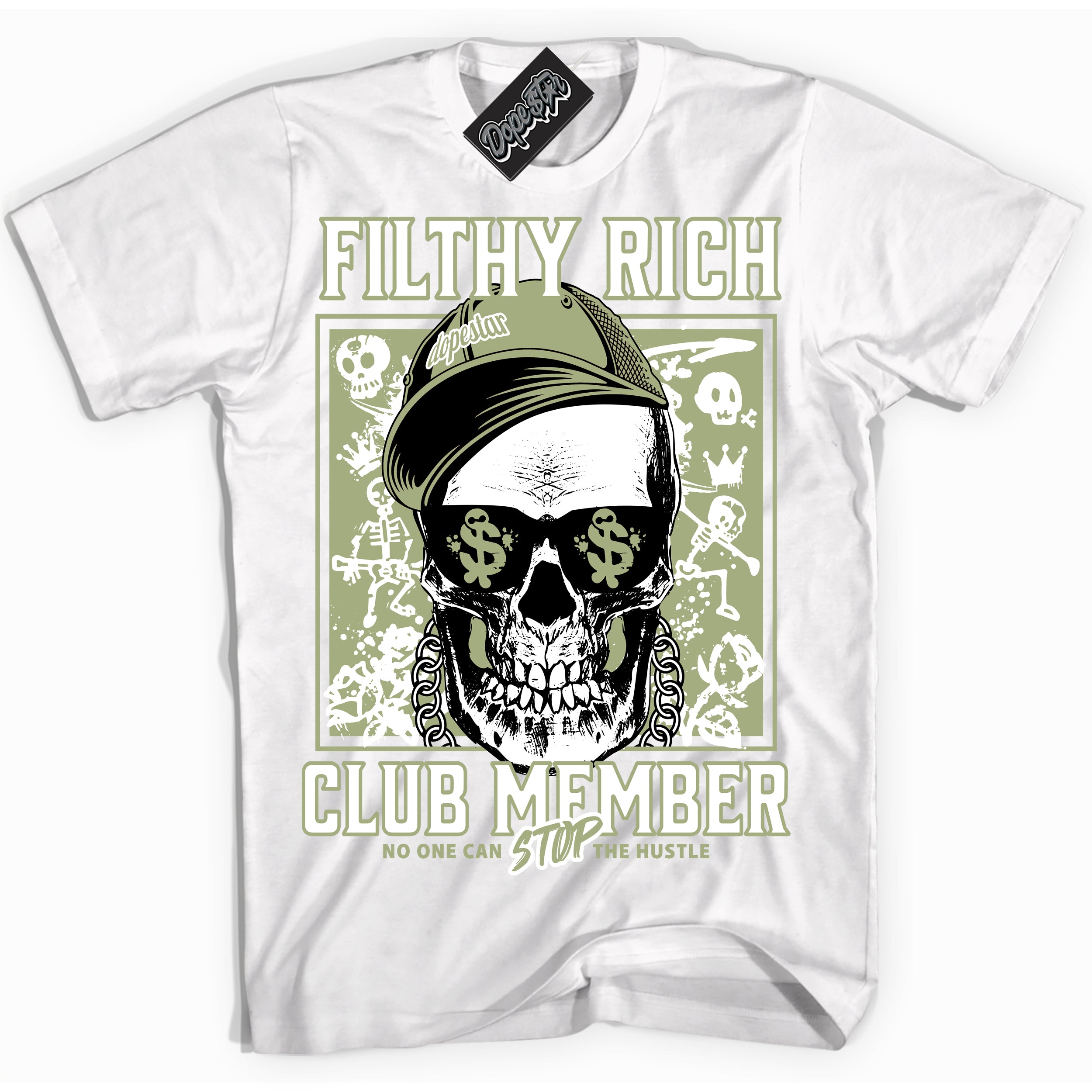 Cool White Shirt with “ Filthy Rich” design that perfectly matches Safari Oil Green Sneakers.