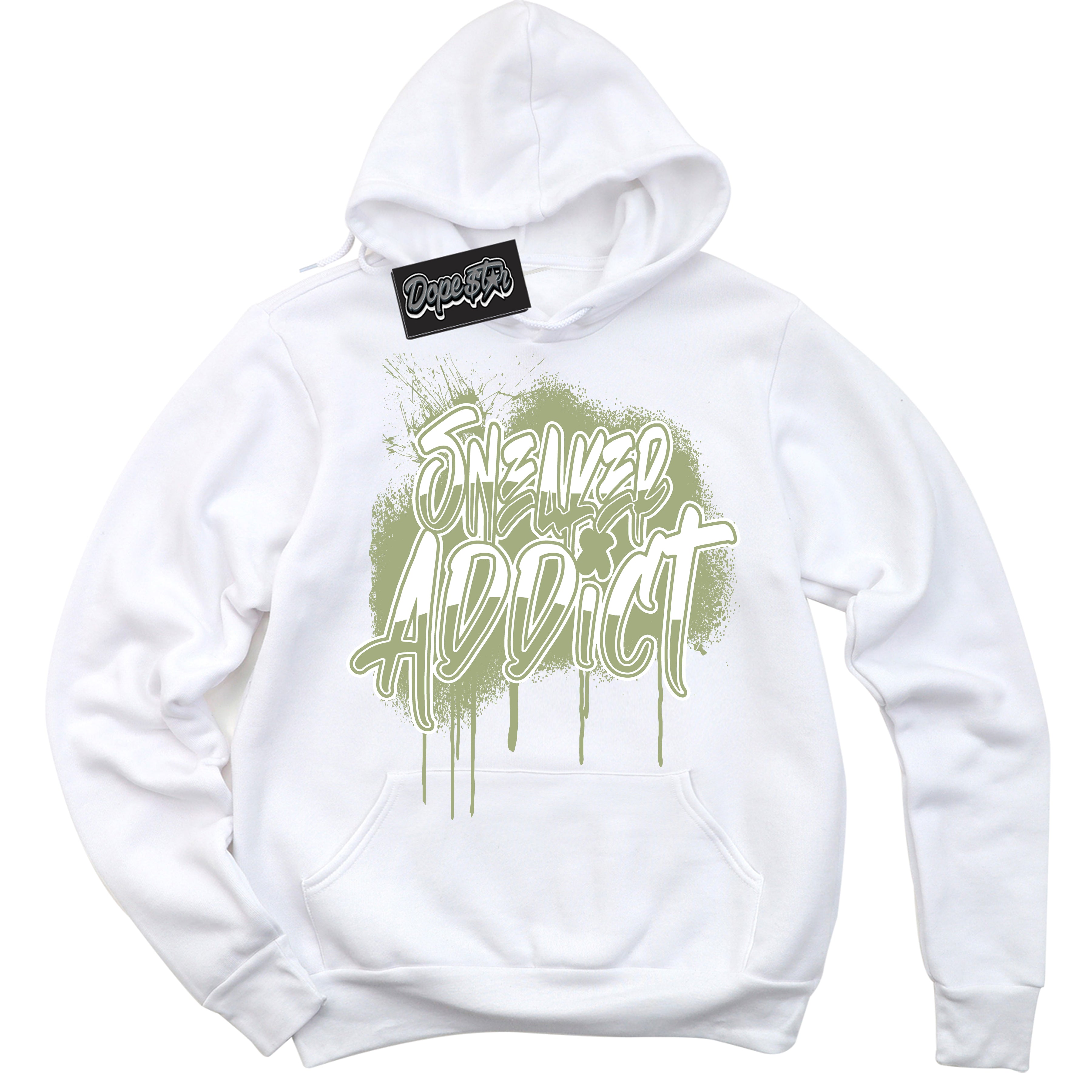 Cool White Hoodie with “ Sneaker Addict ”  design that Perfectly Matches Safari Oil Green Dunk.
