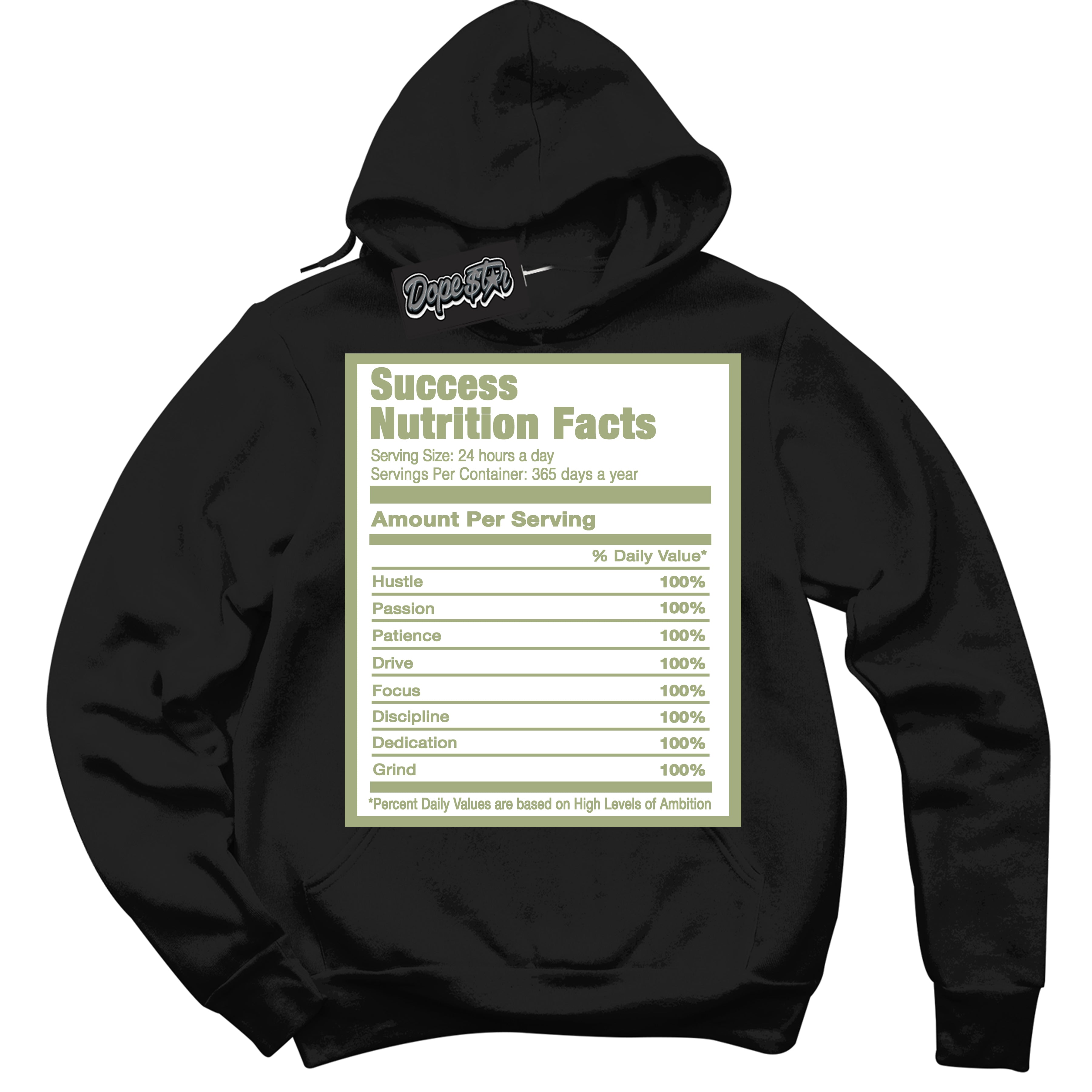 Cool Black Hoodie with “ Success Nutrition ”  design that Perfectly Matches Safari Oil Green Dunk.
