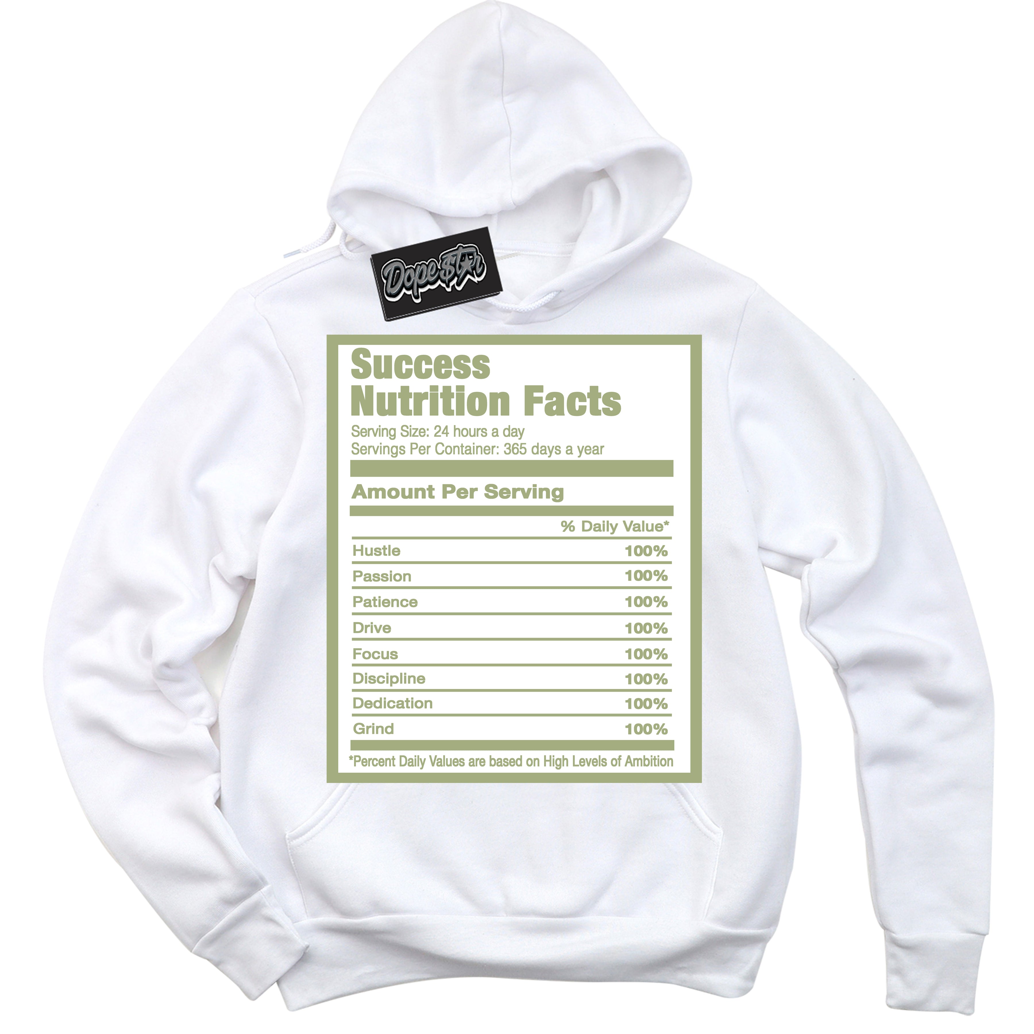 Cool White Hoodie with “ Success Nutrition ”  design that Perfectly Matches Safari Oil Green Dunk.
