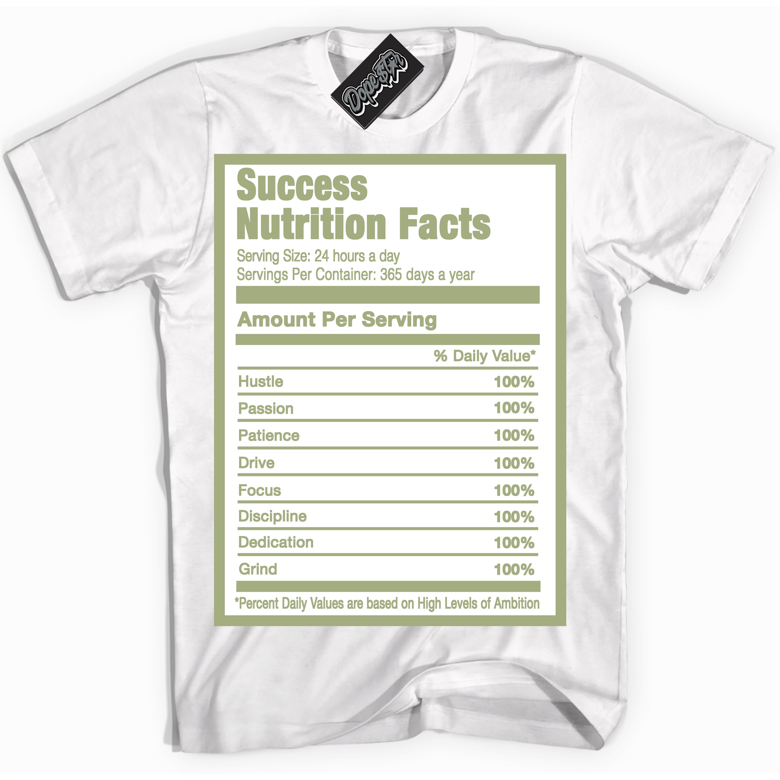 Cool White Shirt with “ Success Nutrition ” design that perfectly matches Safari Oil Green Dunk.
