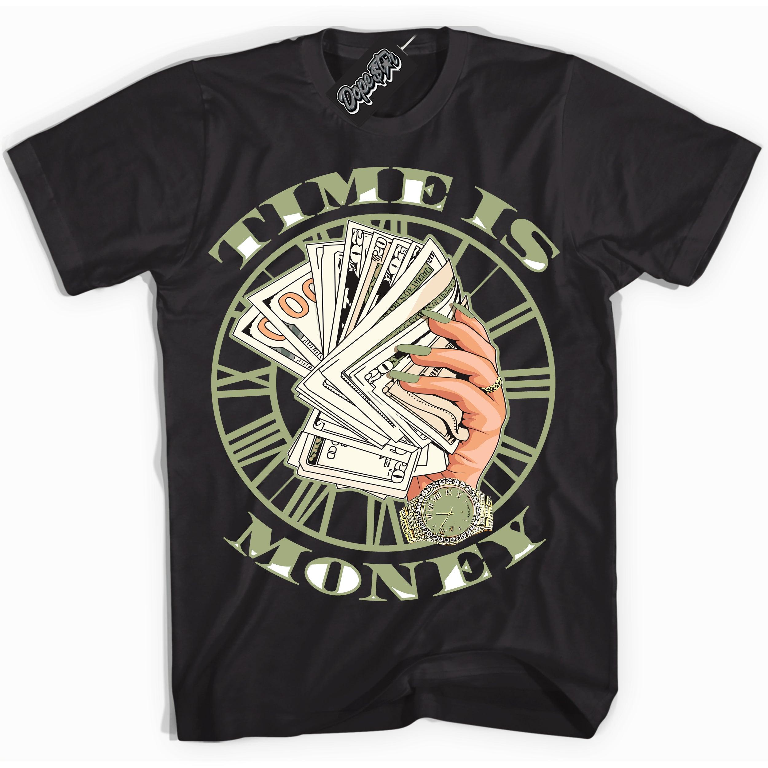 Cool Black Shirt with “ Time Is Money ” design that perfectly matches Safari Oil Green Dunk.
