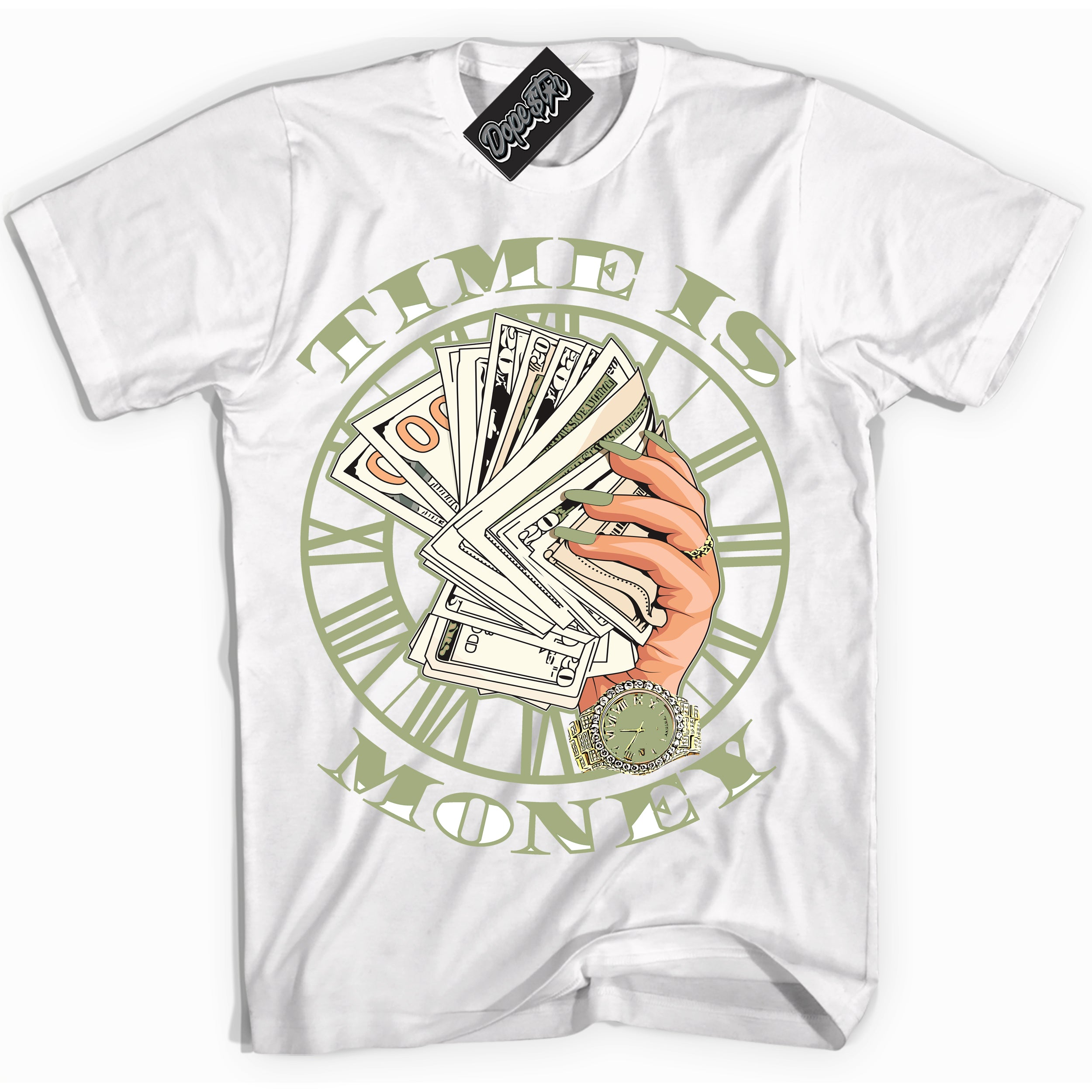 Cool White Shirt with “ Time Is Money ” design that perfectly matches Safari Oil Green Dunk.
