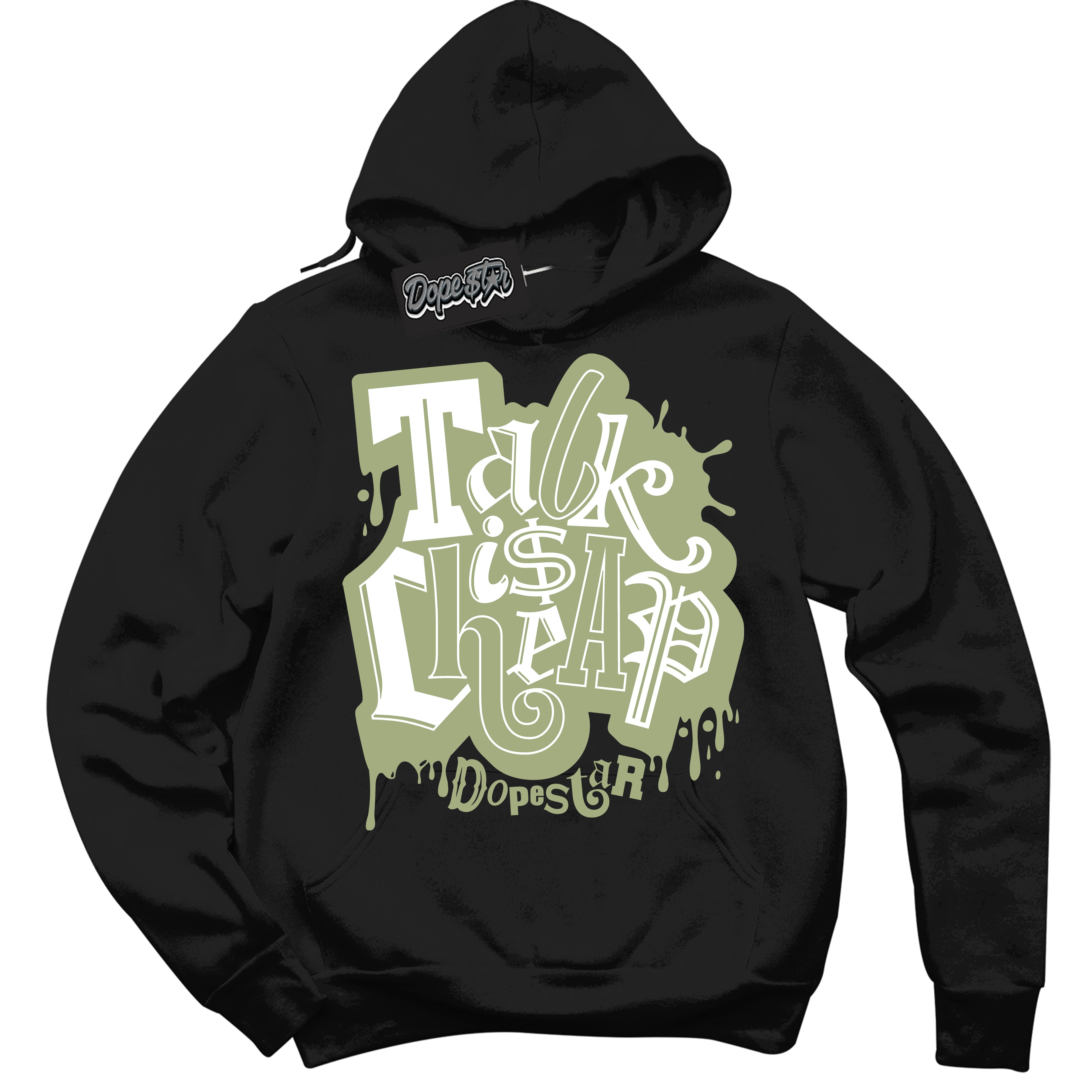 Cool Black Hoodie with “ Talk Is Cheap ”  design that Perfectly Matches Safari Oil Green Dunk.
