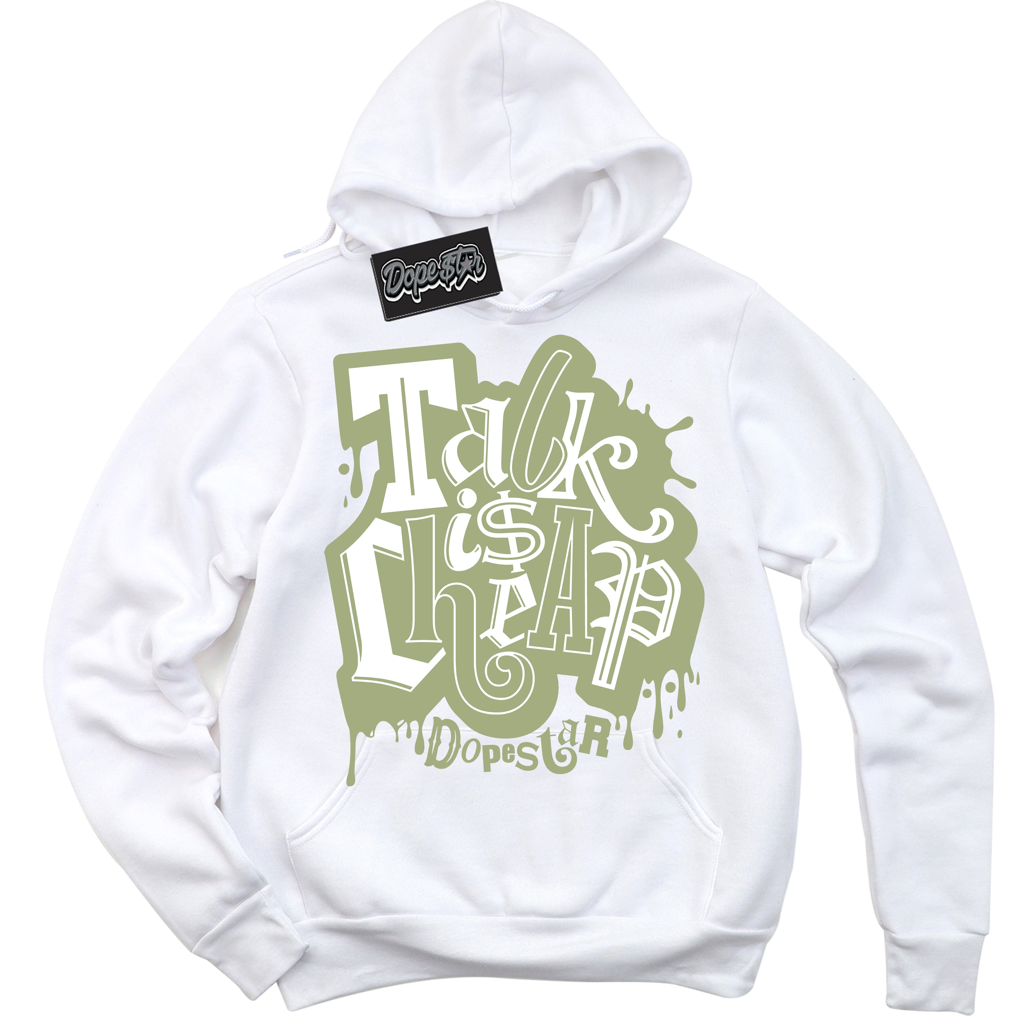 Cool White Hoodie with “ Talk Is Cheap ”  design that Perfectly Matches Safari Oil Green Dunk.
