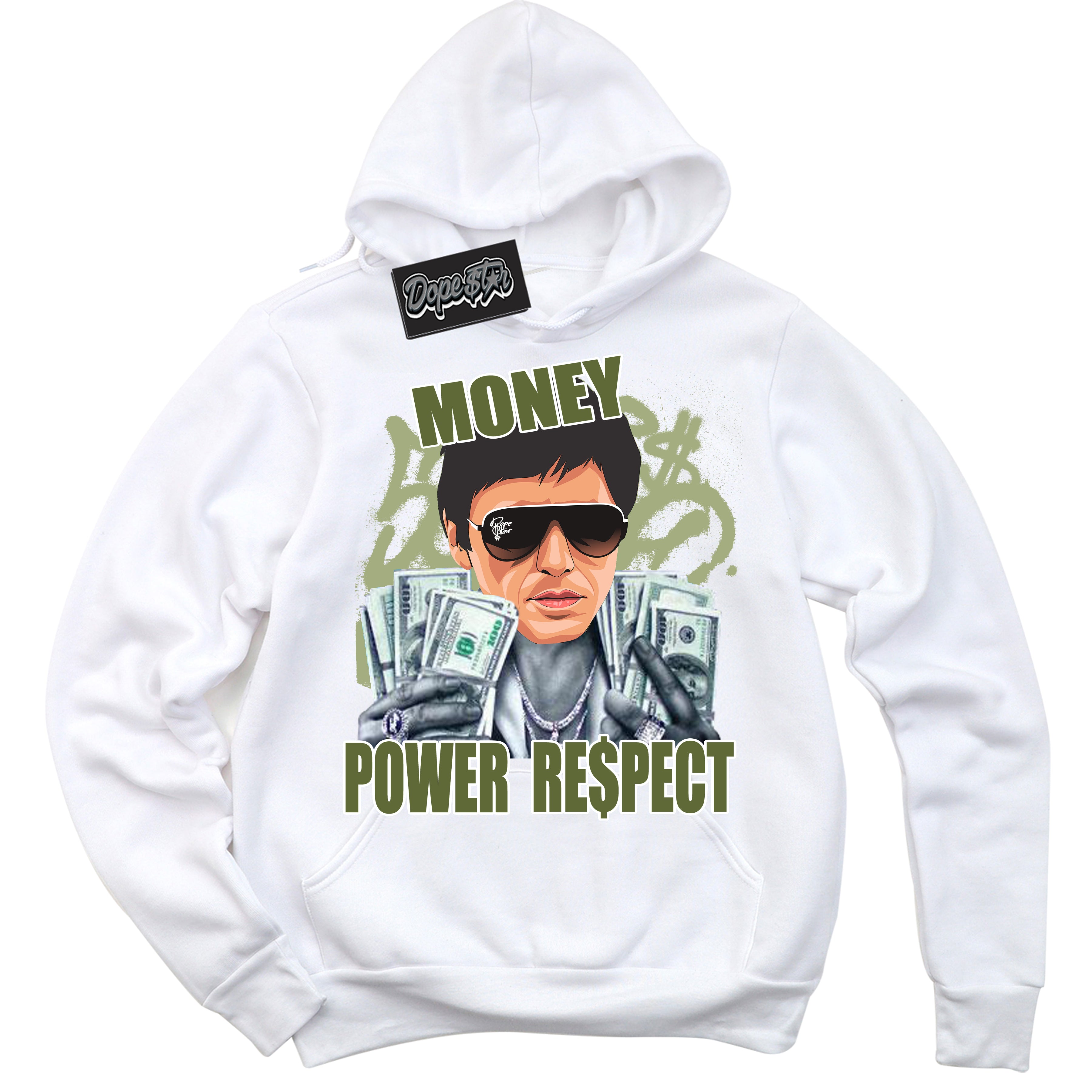 Cool White Hoodie with “ Tony Montana ”  design that Perfectly Matches Safari Oil Green Dunk.
