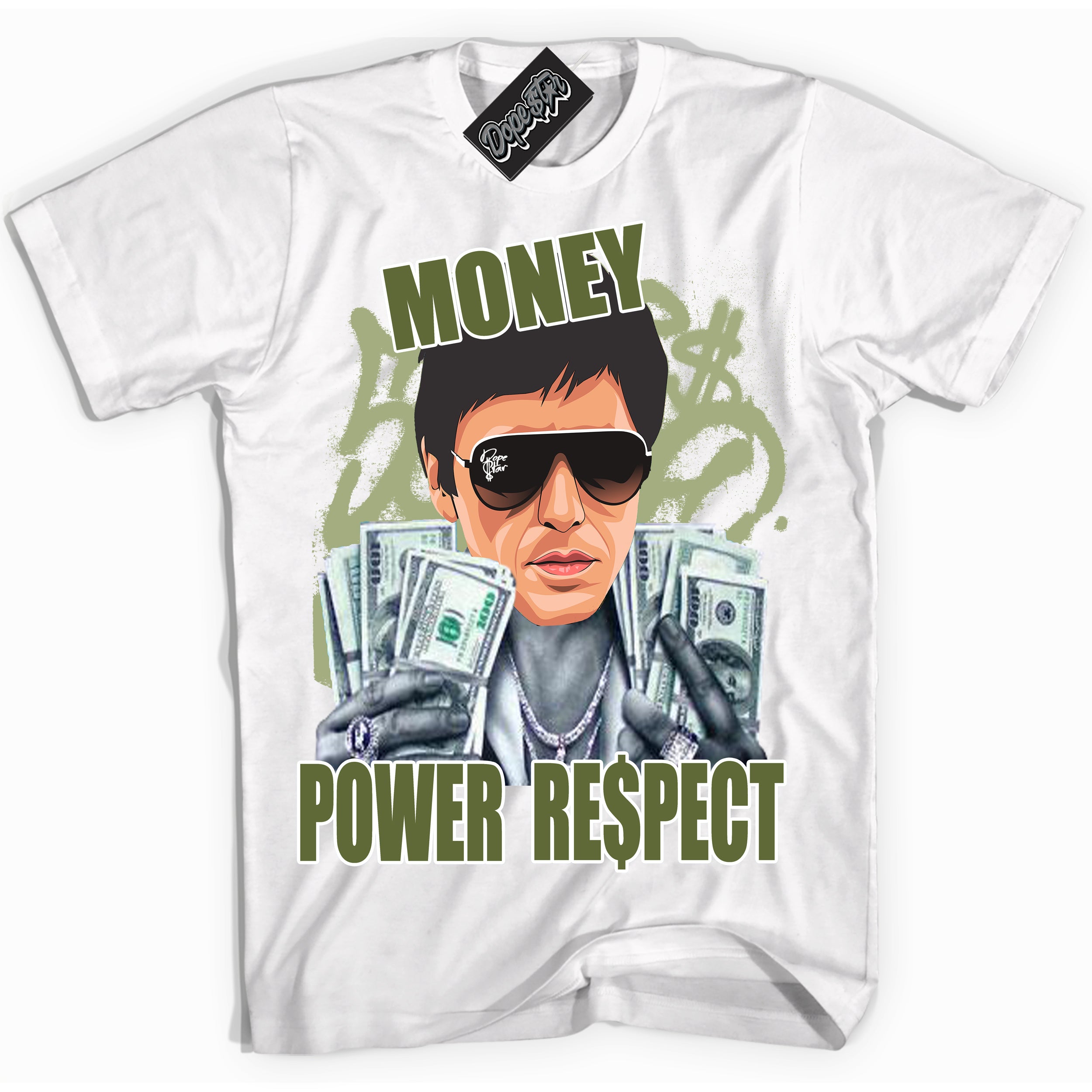 Cool White Shirt with “ Tony Montana ” design that perfectly matches Safari Oil Green Dunk.
