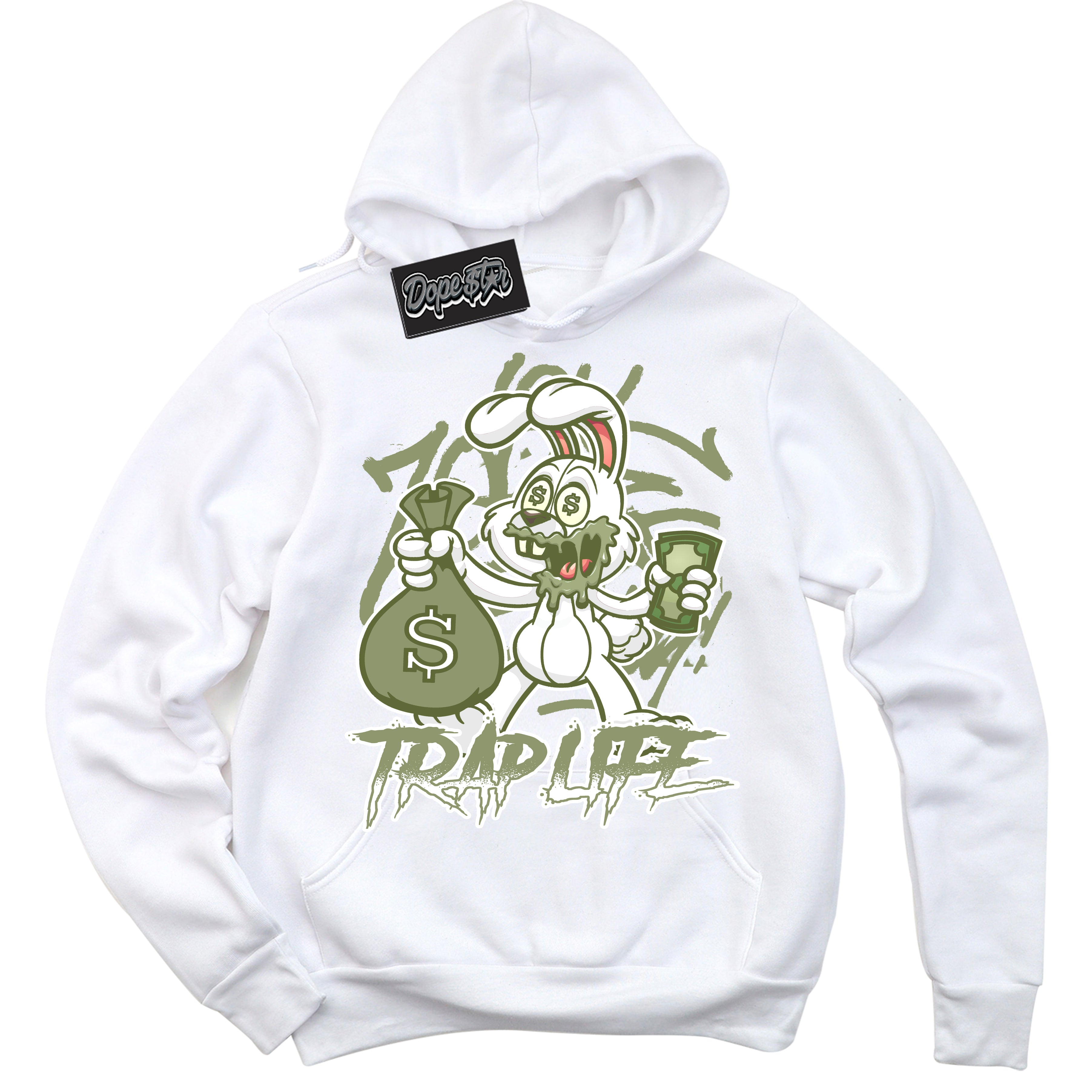 Cool White Hoodie with “ Trap Rabbit ”  design that Perfectly Matches Safari Oil Green Dunk.
