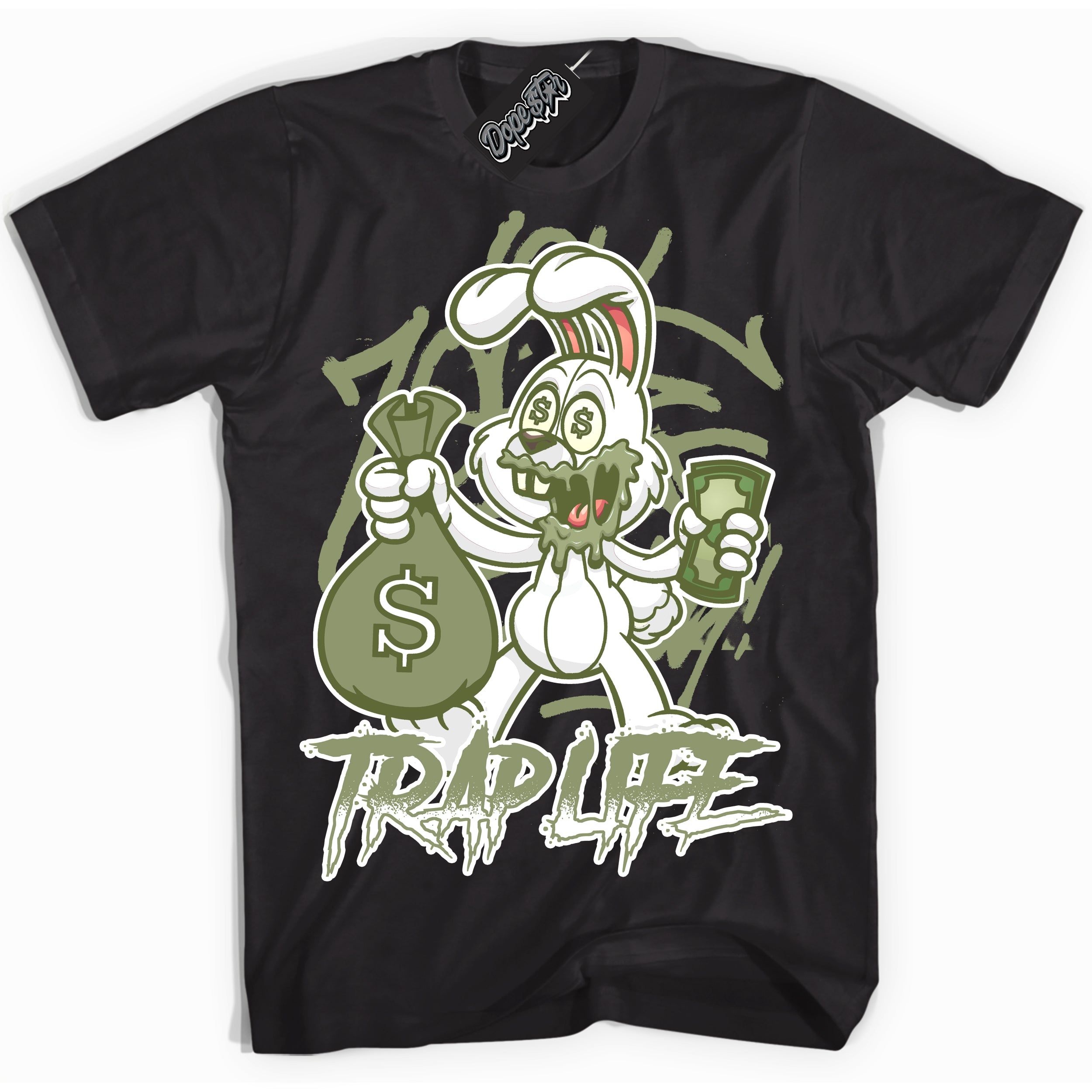 Cool Black Shirt with “ Trap Rabbit ” design that perfectly matches Safari Oil Green Dunk.
